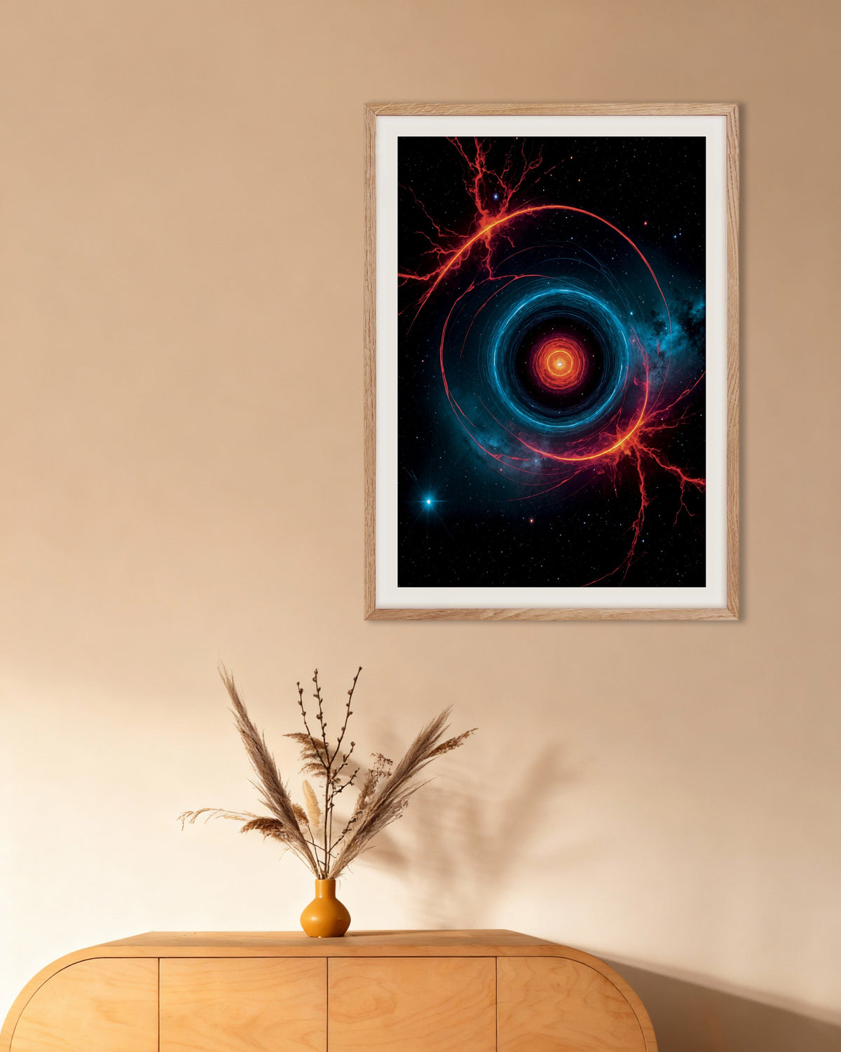 Poster med Fotolaboratorium med selvlysende neon, rumfænomen, med naturfarvet træramme