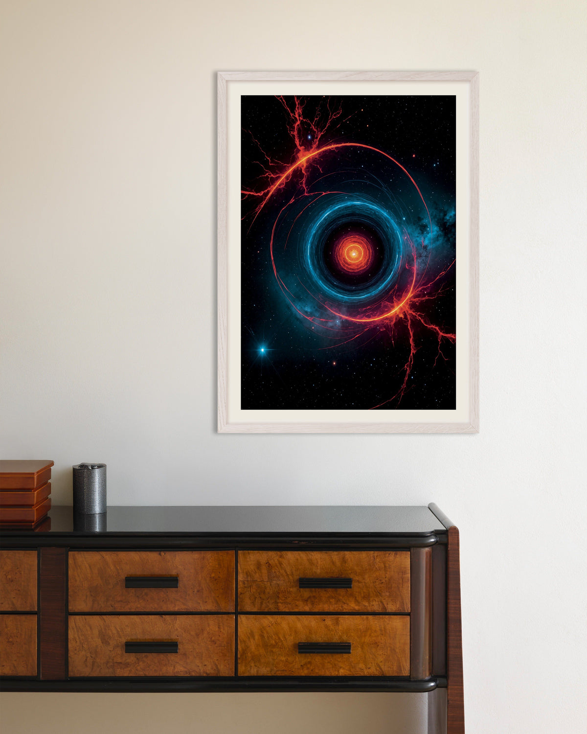 Poster med Fotolaboratorium med selvlysende neon, rumfænomen, med hvid træramme