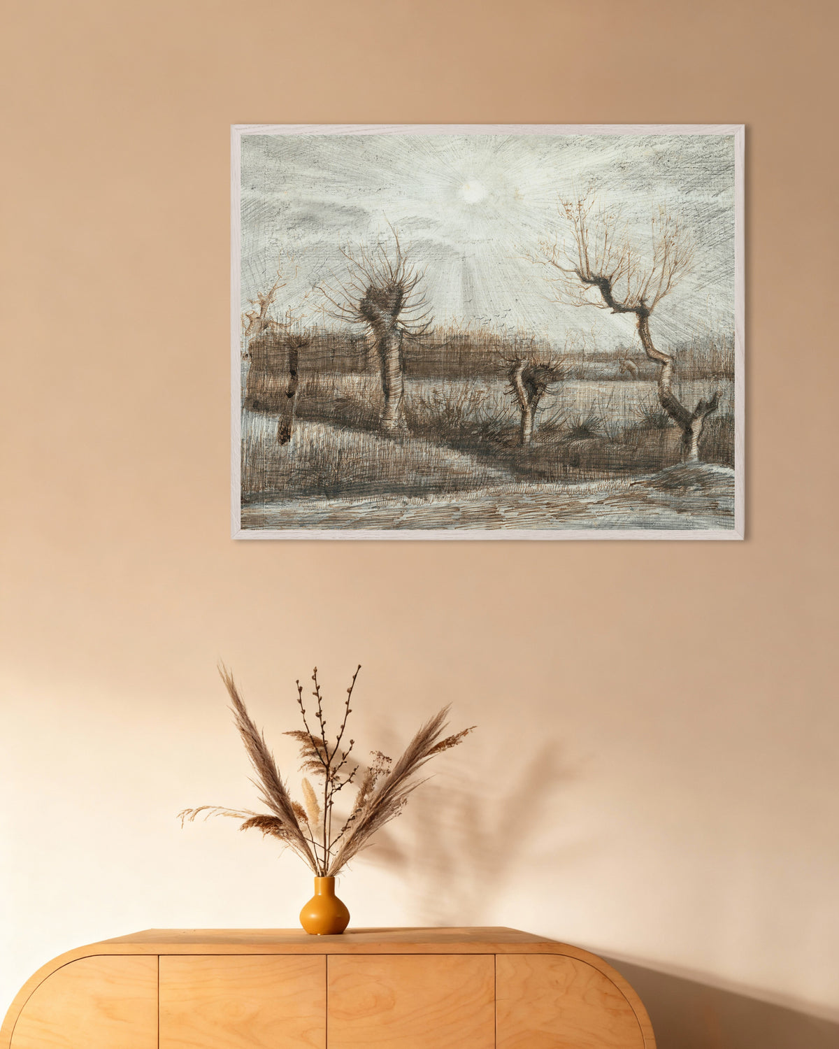 Plakat af Pollard Willows (1884) af Vincent van Gogh med hvid træramme