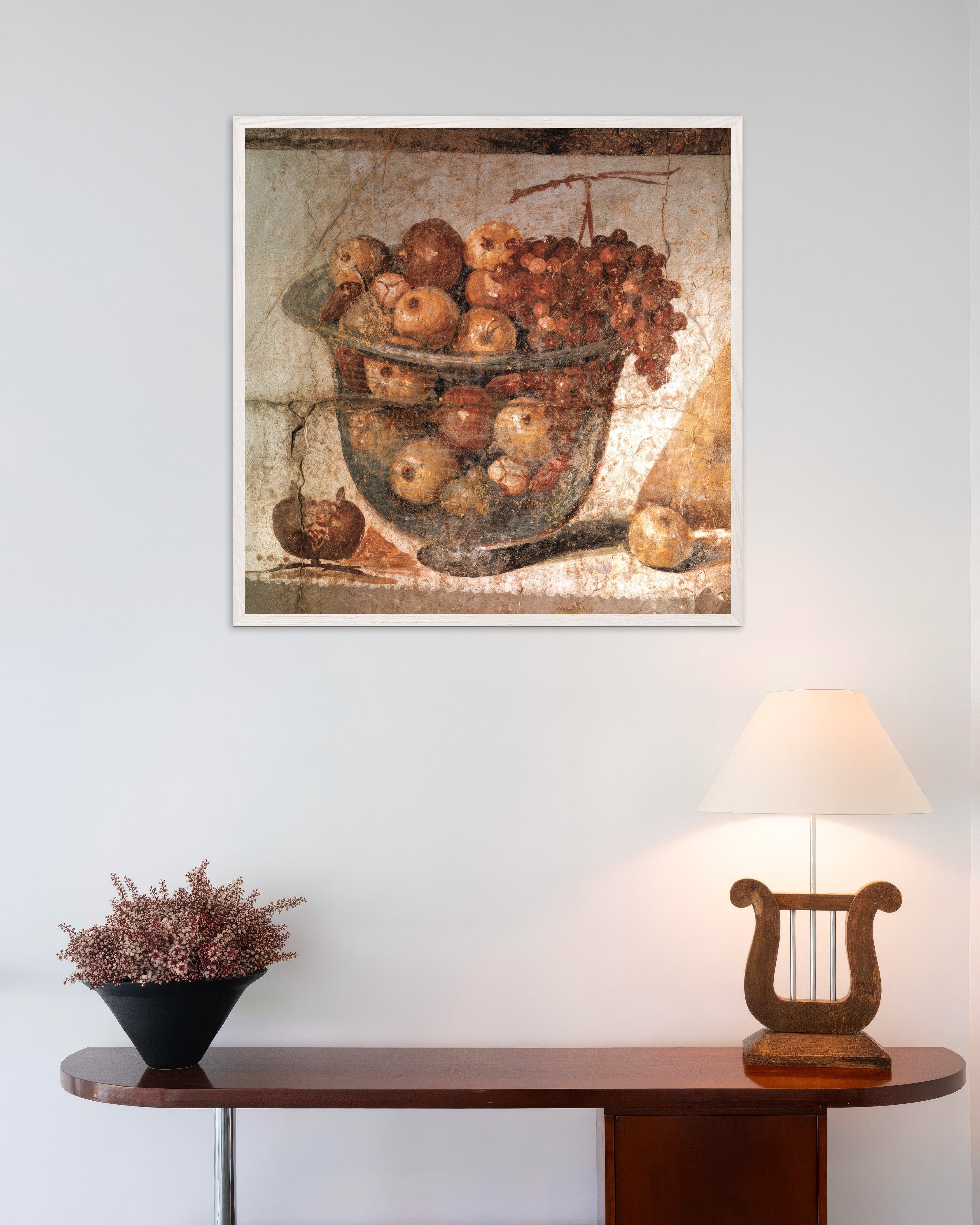 Poster of Pompeii fresco detail with fruit bowl, with white wooden frame