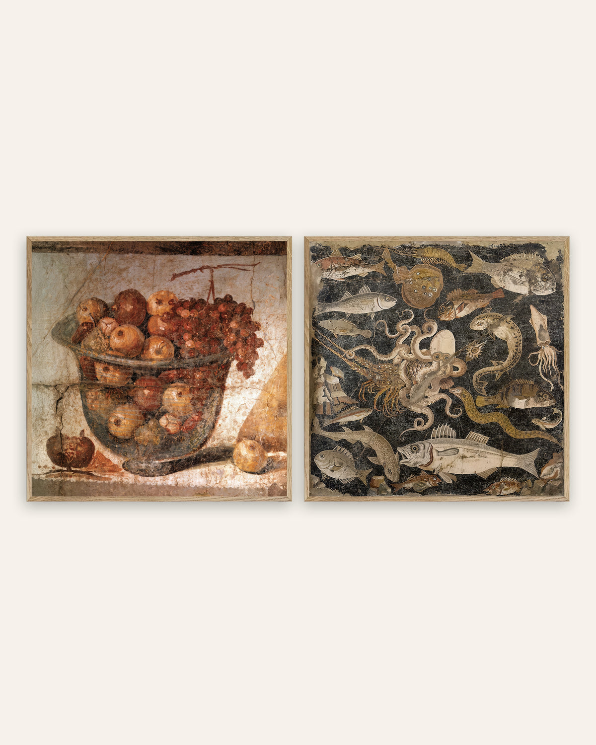 Køkkenplakater fra Pompeji, sæt med 2: frugtskål og fiskemosaik, i rammer af natureg