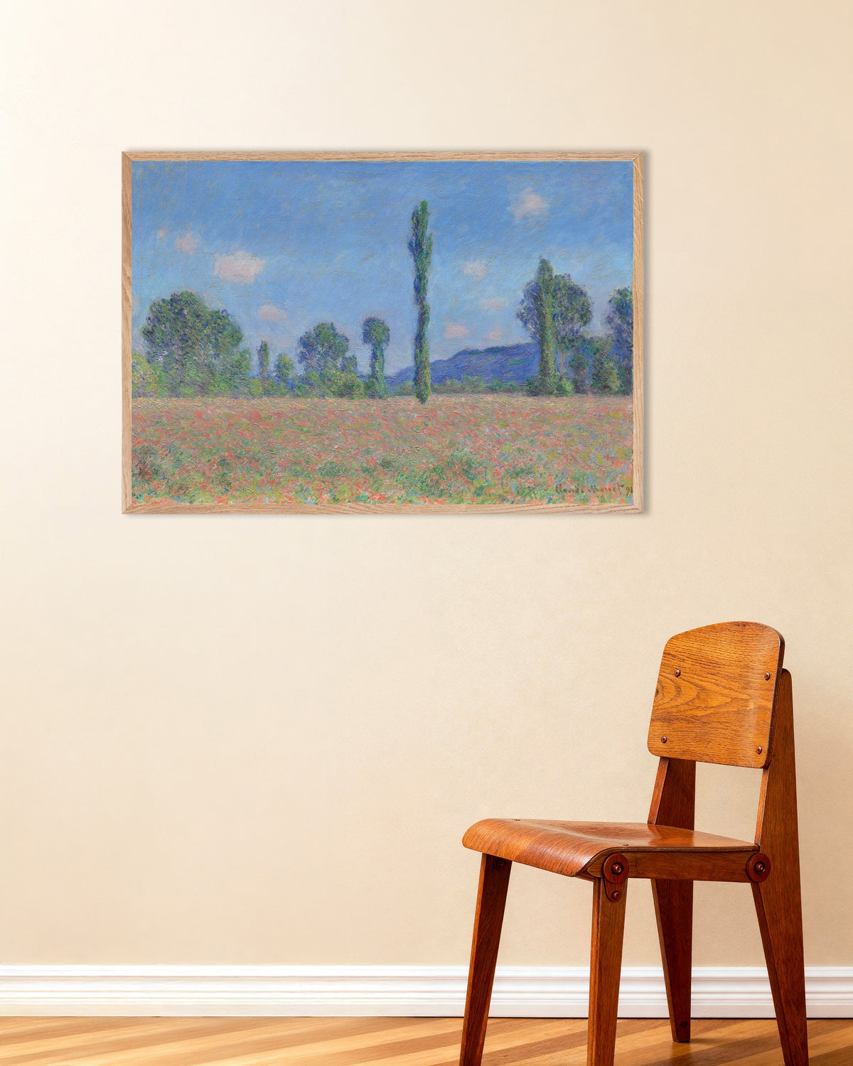 Plakat Valmuemark, Giverny (1890) af Claude Monet med ramme i naturtræ