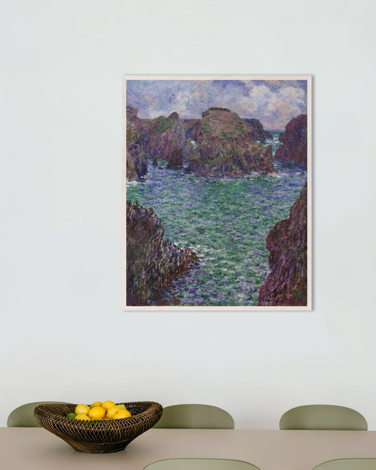 Plakat Port-Goulphar, Belle-Île (1887) af Claude Monet med hvid træramme