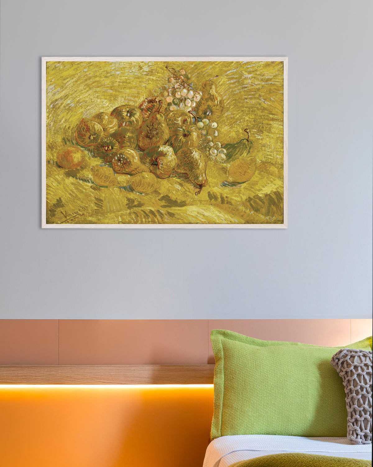 Poster af Kvæder, citroner, pærer og druer (1887) af Vincent van Gogh med hvid træramme