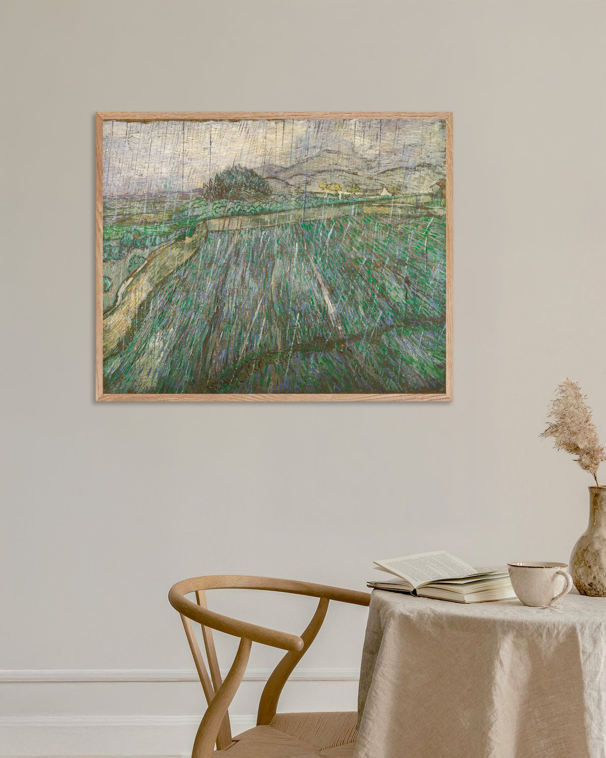 Plakat med Regn (1889) af Vincent van Gogh, med ramme af naturtræ