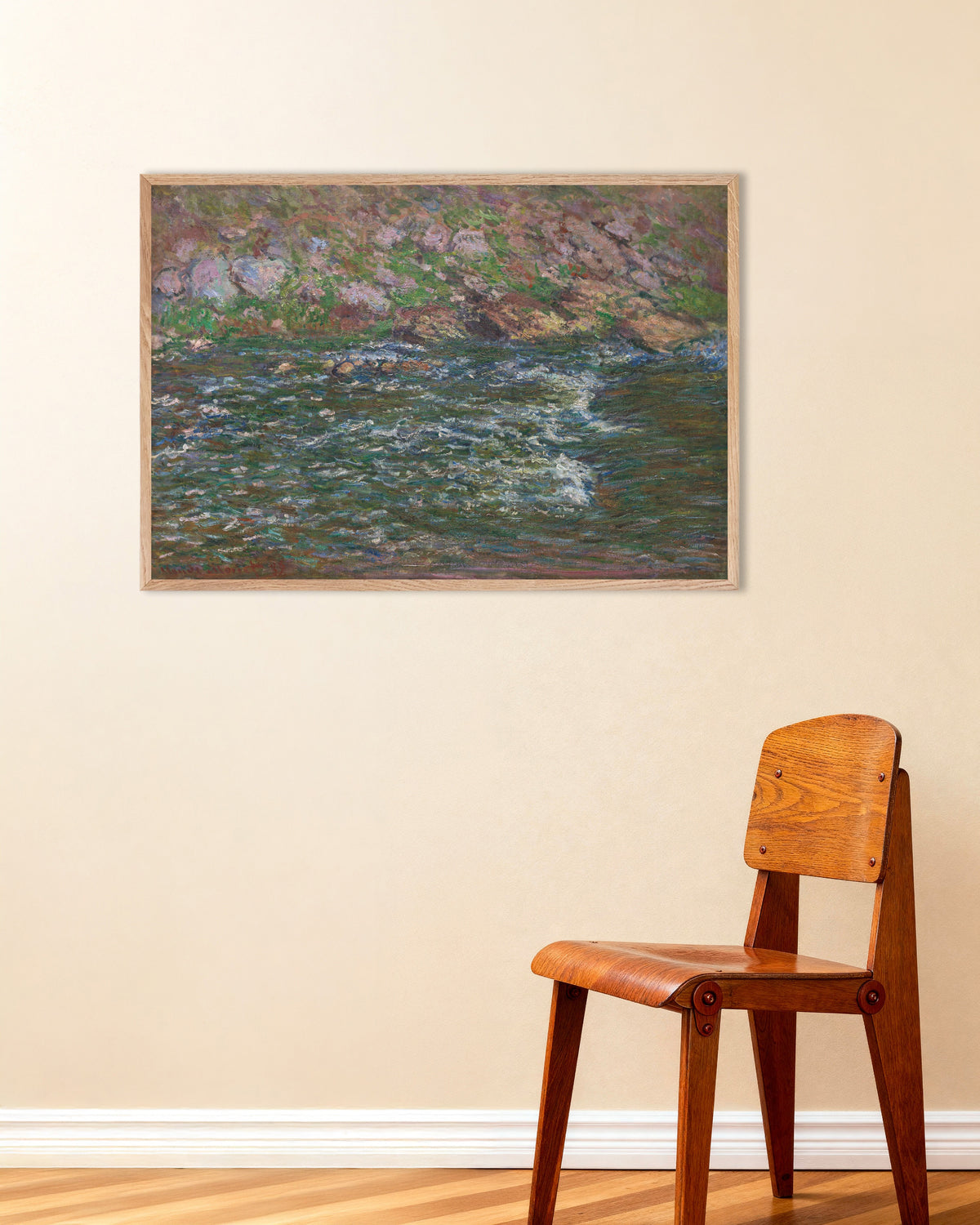 Plakat Strømfald på Petite Creuse ved Fresselines (1889) af Claude Monet med ramme i naturtræ