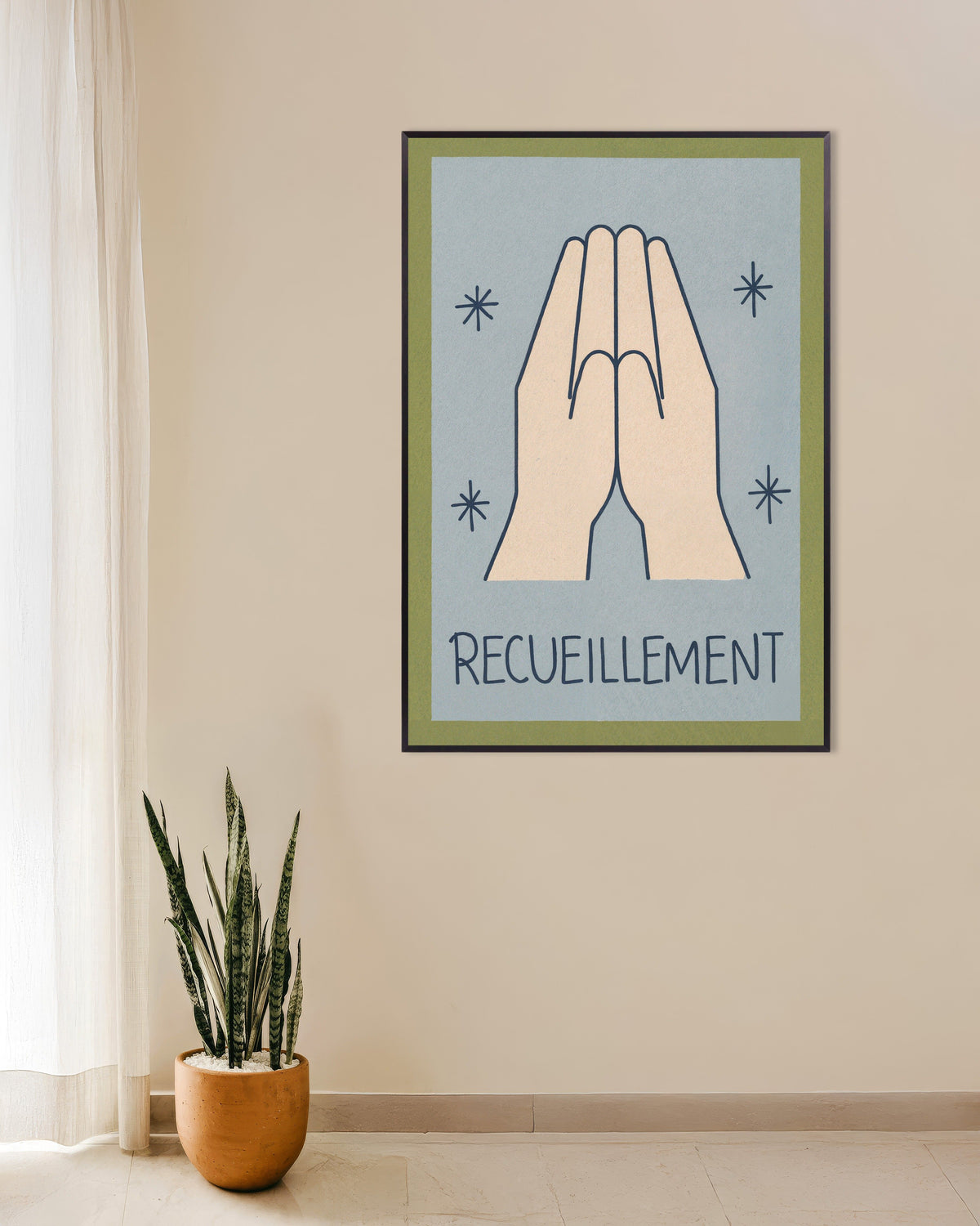 Recueillement – minimalistisk poster med stregkunst, med metalramme