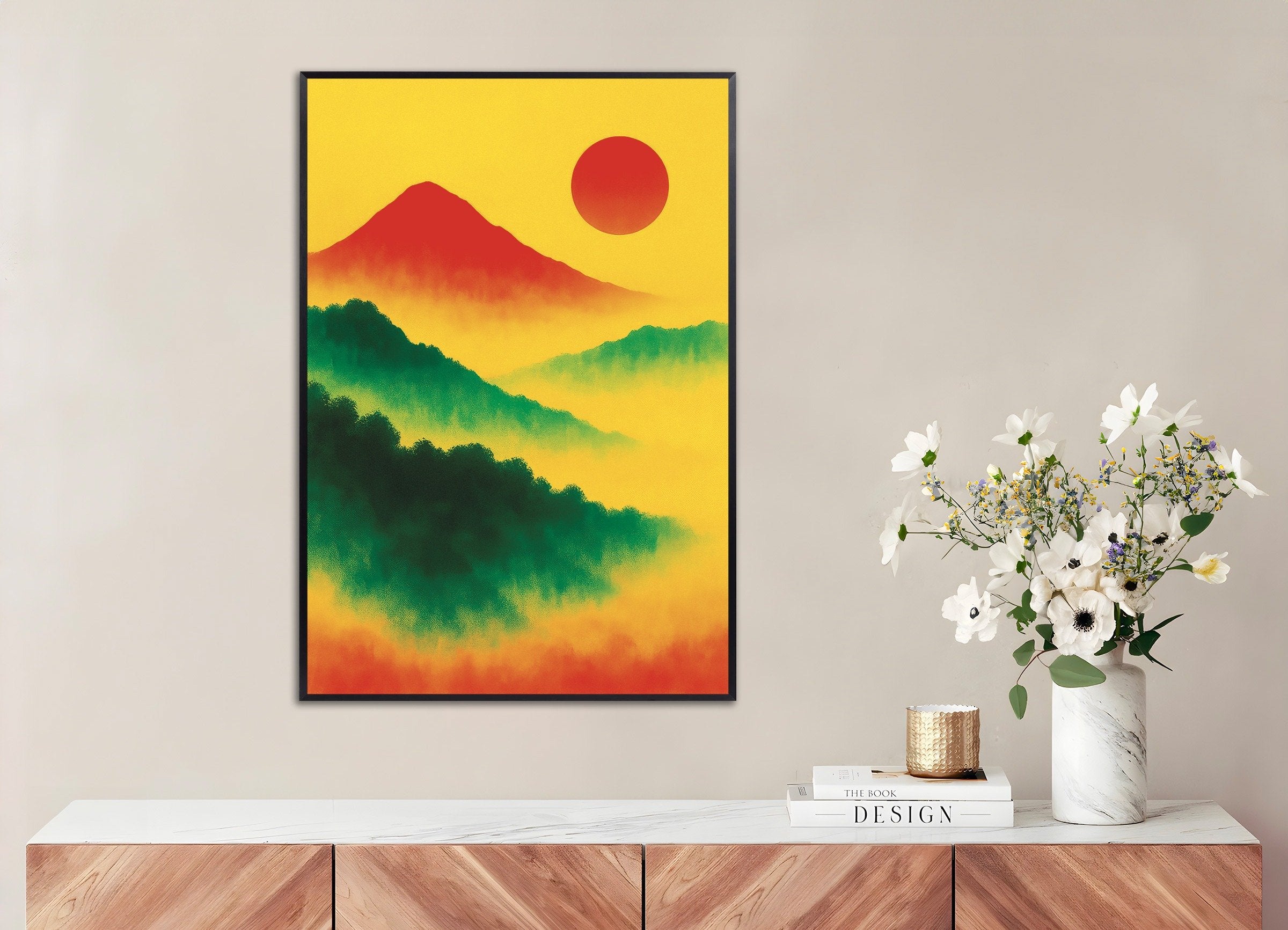 Poster of Red sun landscape art print, with metal frame