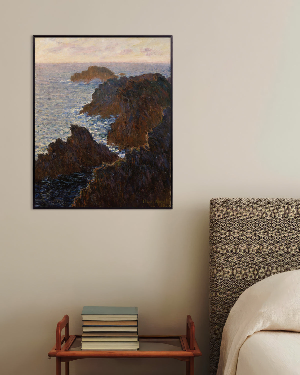 Plakat Klipper på Belle-Île, Port-Domois (1886) af Claude Monet med metalramme