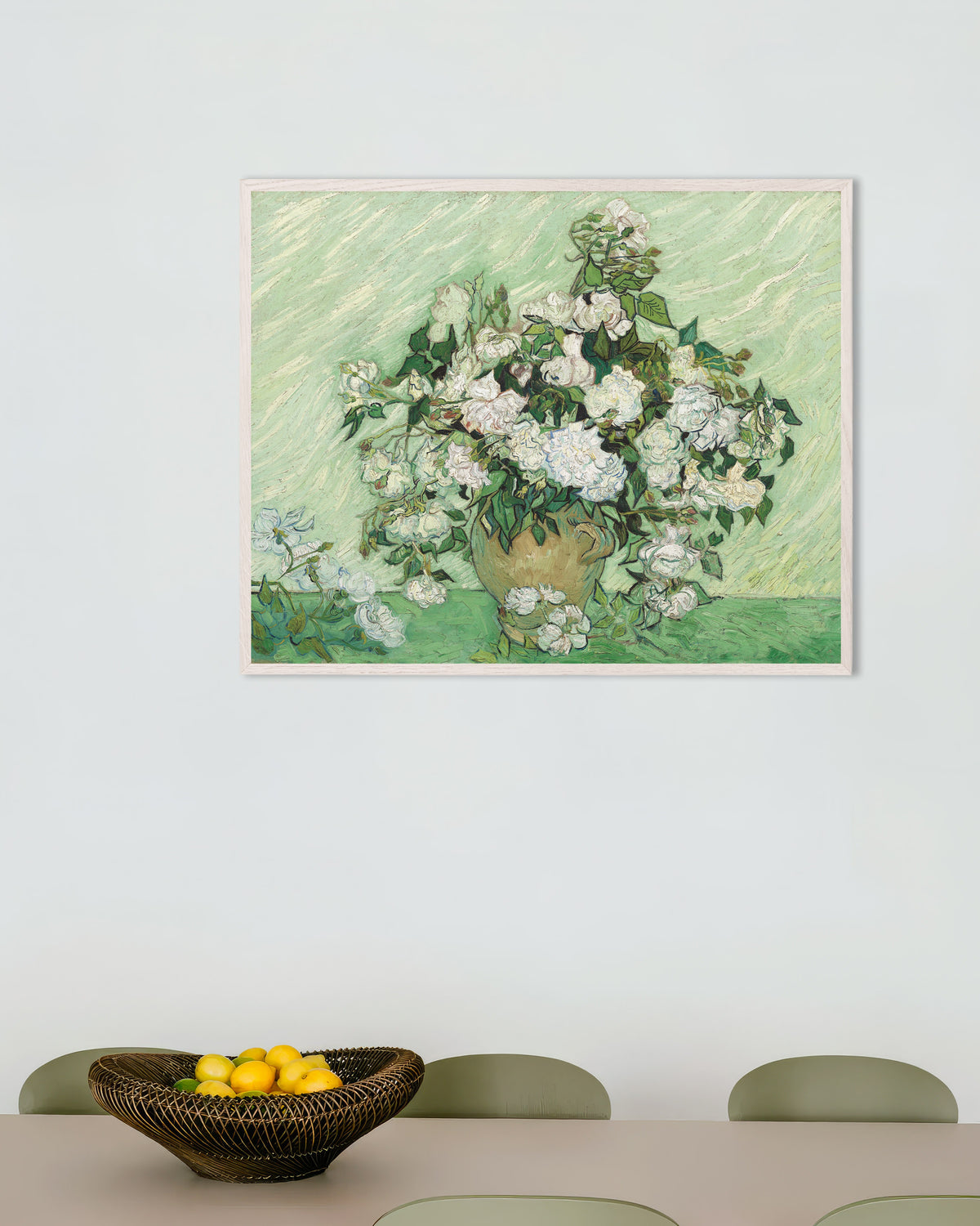 Plakat med Roser (1890) af Vincent van Gogh med hvid træramme
