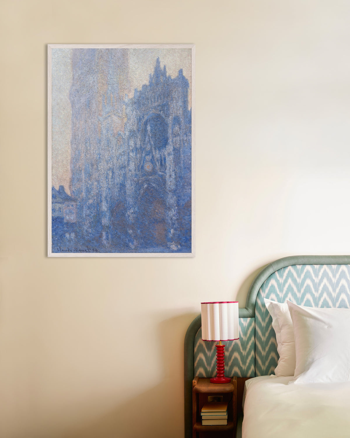 Plakat Katedralen i Rouen, portalen og Tour d'Albane, morgenlys (1894) af Claude Monet med hvid træramme