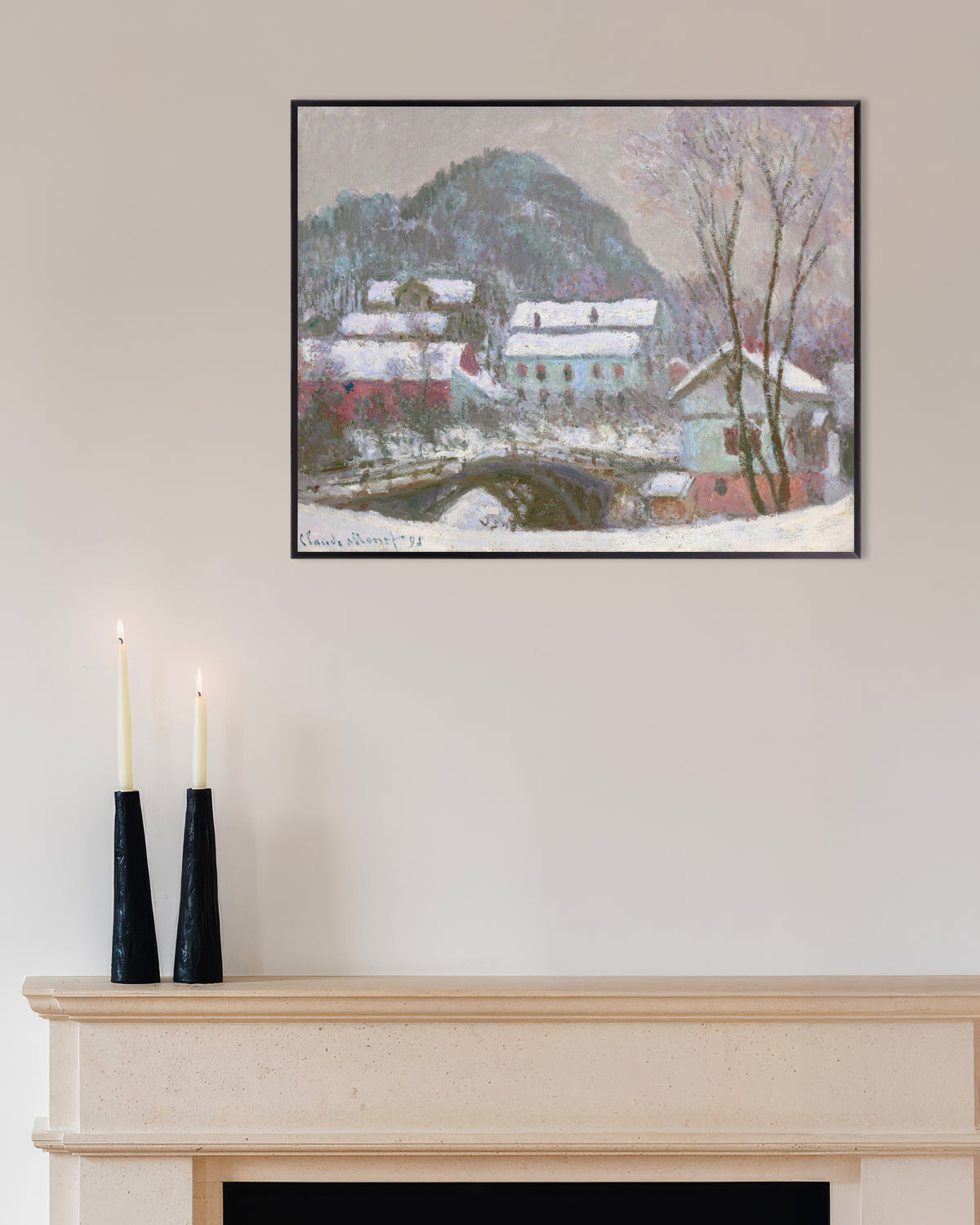 Plakat Sandvika, Norge, sne (1895) af Claude Monet med metalramme