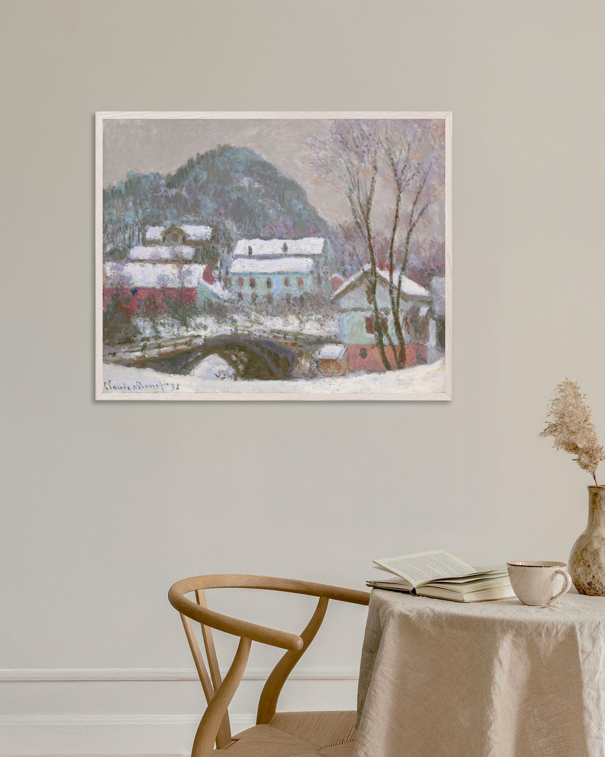 Plakat Sandvika, Norge, sne (1895) af Claude Monet med hvid træramme
