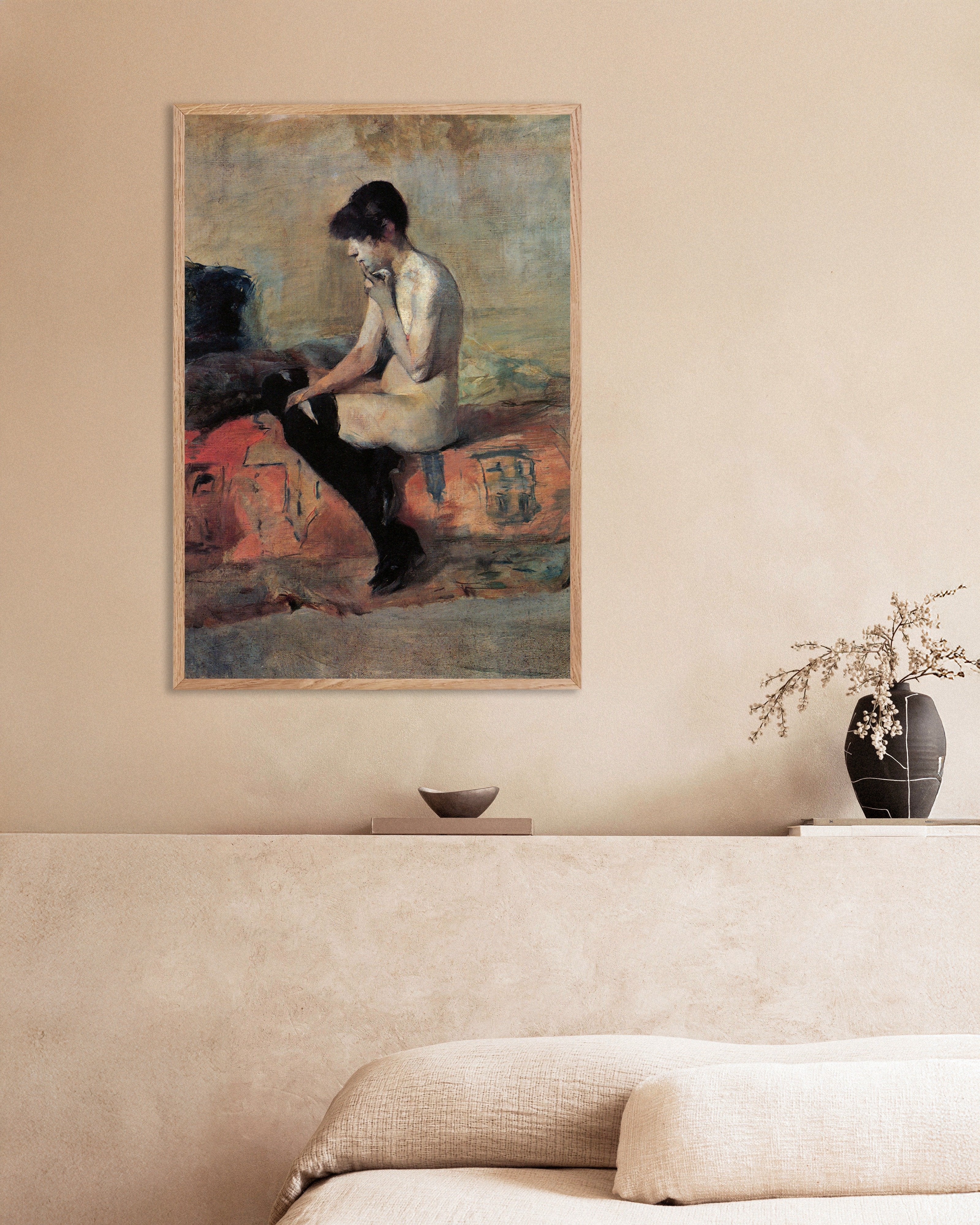 Poster of Seated nude by Henri de Toulouse-Lautrec, 1882, with natural wooden frame