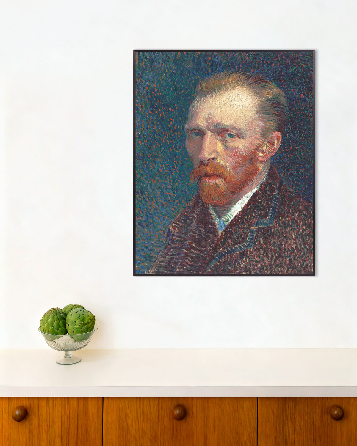 Poster med Selvportræt på blå baggrund med prikker (1887) af Vincent van Gogh, med metalramme