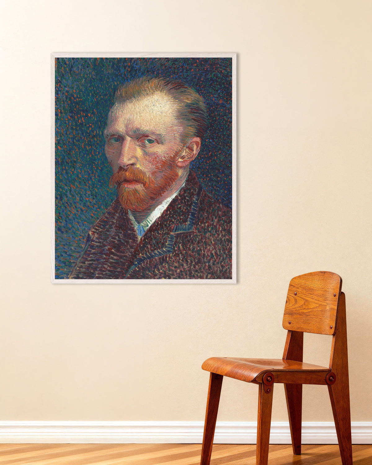 Poster med Selvportræt på blå baggrund med prikker (1887) af Vincent van Gogh, med hvid træramme