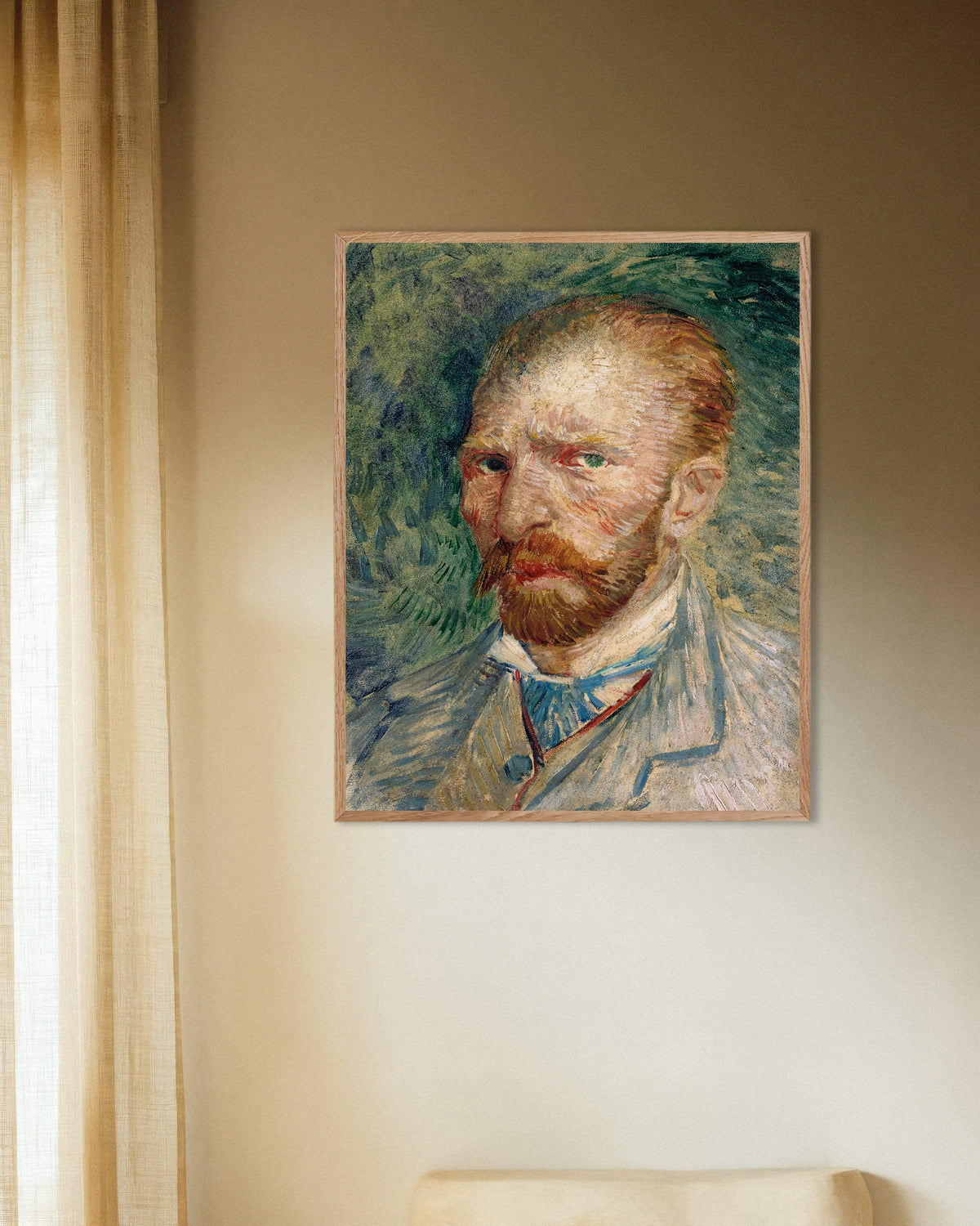 Poster med Selvportræt på grøn baggrund (1886) af Vincent van Gogh, med ramme af naturtræ