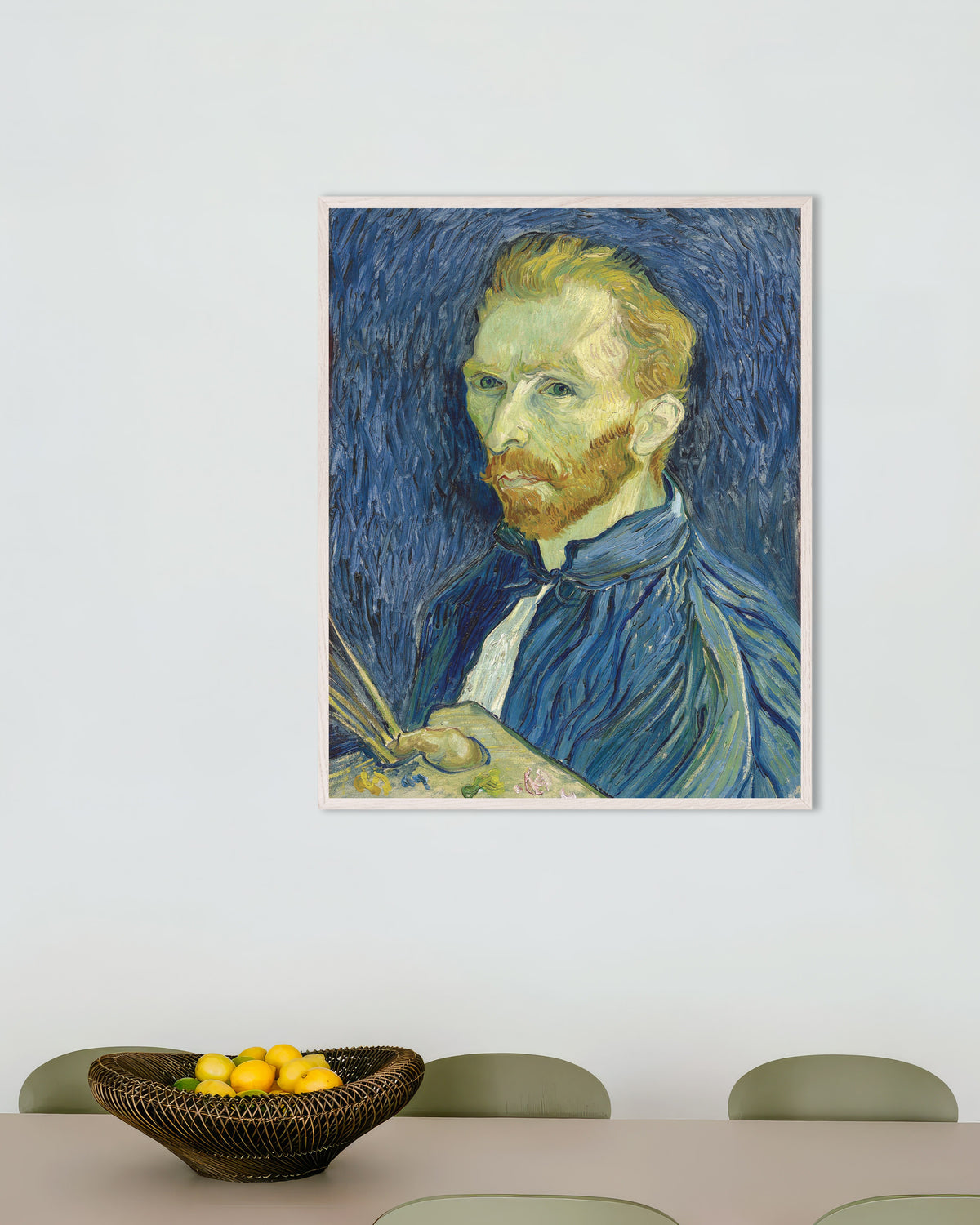 Poster af Selvportræt med palet (1889) af Vincent van Gogh med hvid træramme