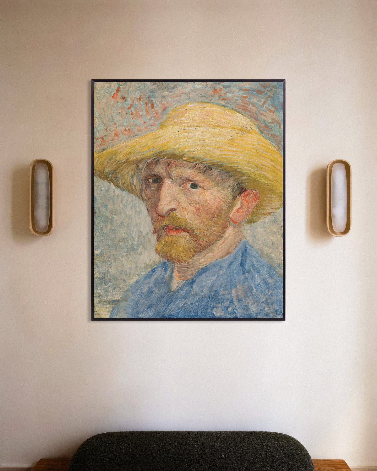 Poster med Selvportræt med stråhat og blå kittel (1887) af Vincent van Gogh, med metalramme