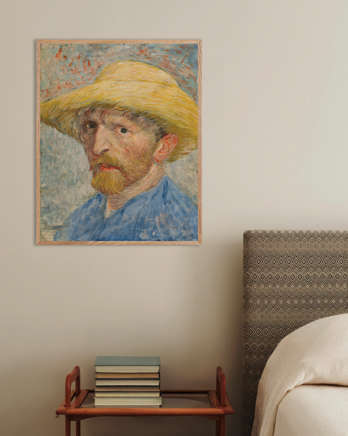 Poster med Selvportræt med stråhat og blå kittel (1887) af Vincent van Gogh, med ramme af naturtræ