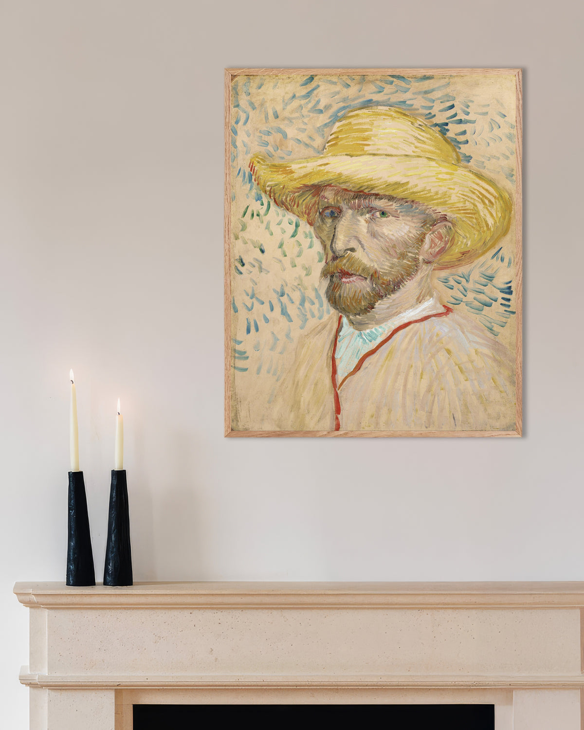 Poster med Selvportræt med stråhat og malerkittel (1887) af Vincent van Gogh, med naturfarvet træramme