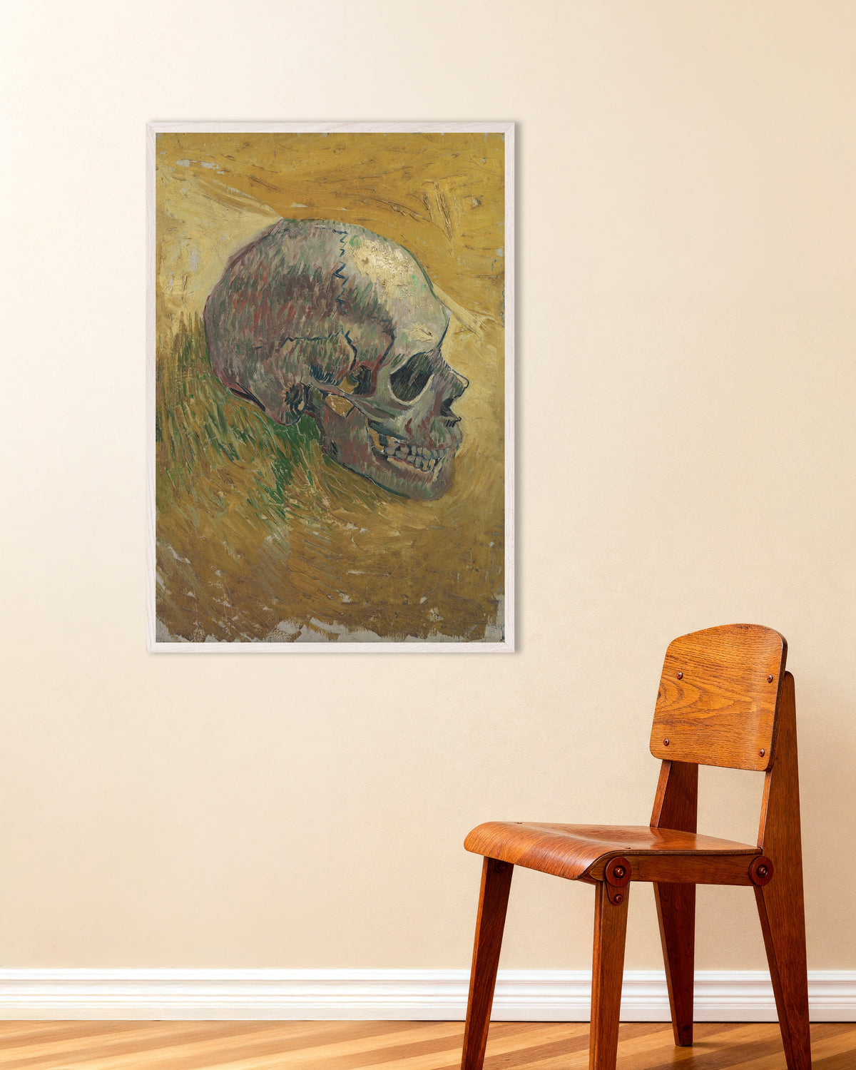 Poster med Kranie (1887) af Vincent van Gogh, med hvid træramme