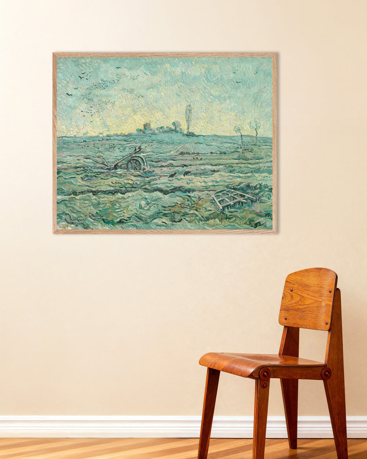 Poster med Snedækket mark med en harve, efter Millet (1890) af Vincent van Gogh, med ramme af naturtræ