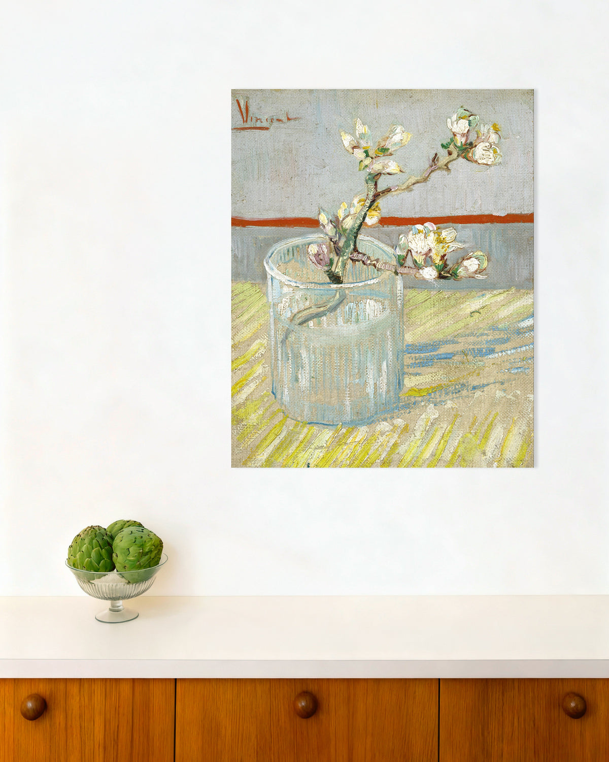 Poster af Blomstrende mandelgren i et glas (1888) af Vincent van Gogh