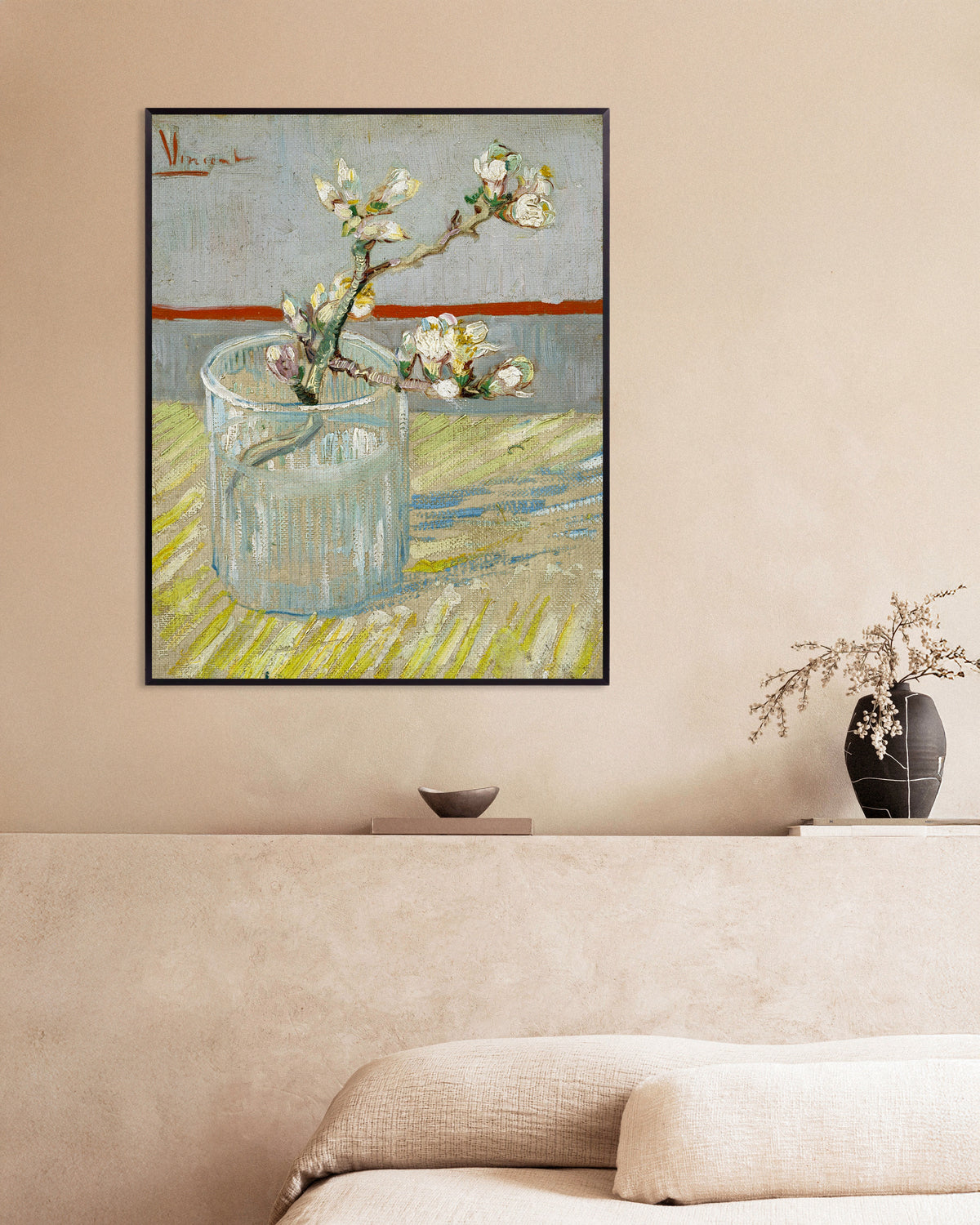 Poster af Blomstrende mandelgren i et glas (1888) af Vincent van Gogh med metalramme