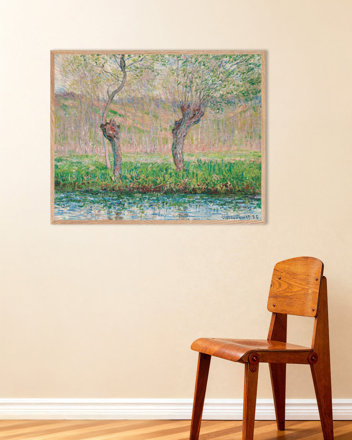 Plakat Forår, piletræer (1885) af Claude Monet med ramme i naturtræ