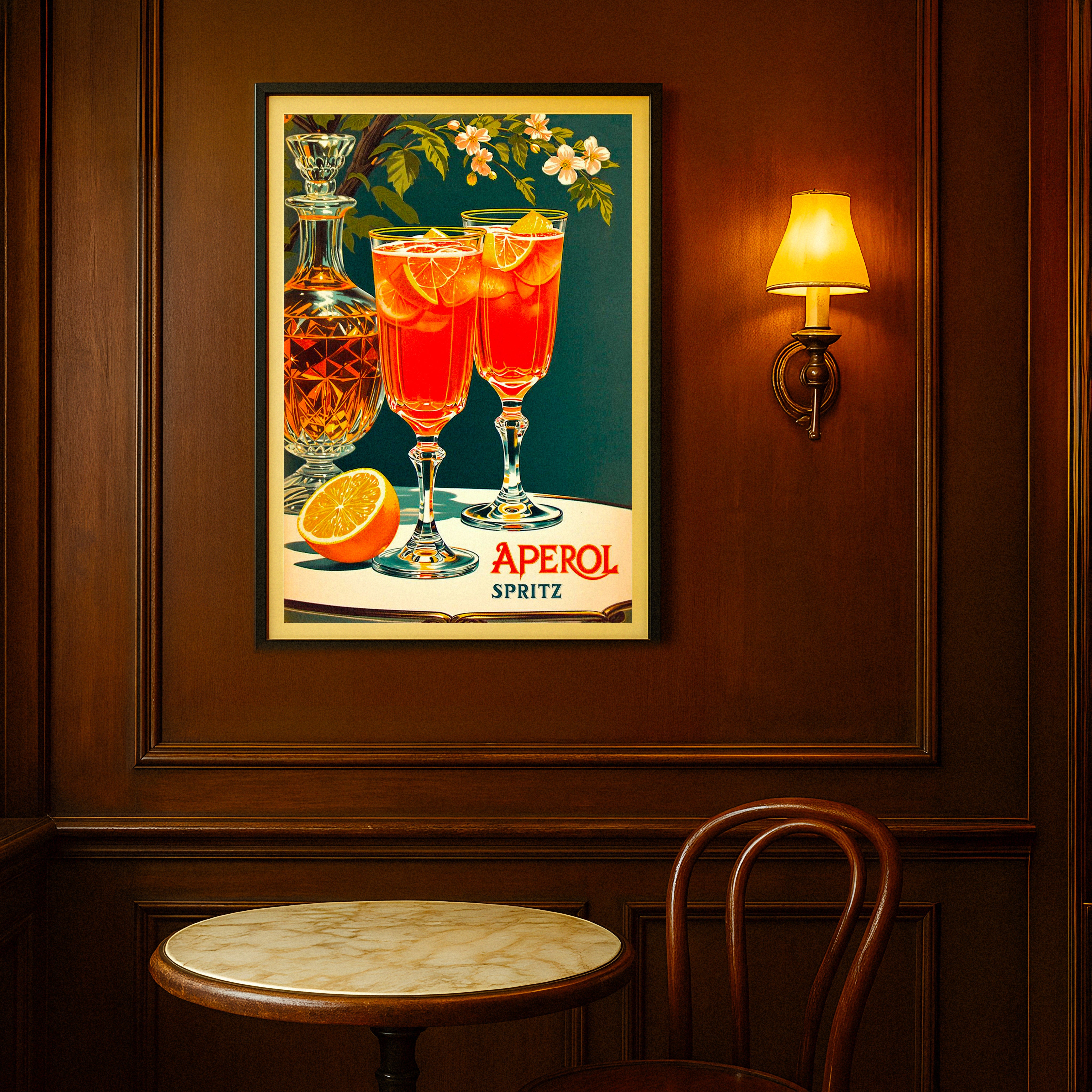 Framed Aperol Spritz poster on a wall with a table and chair below.