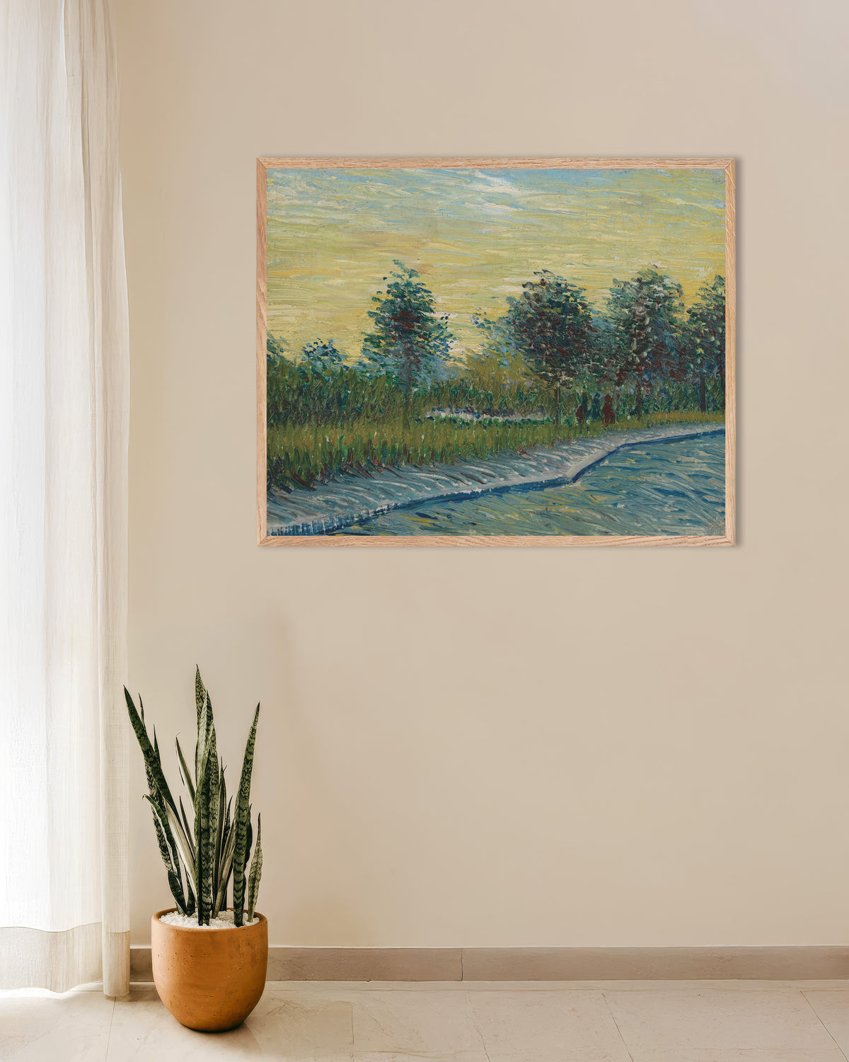 Poster med Place Saint-Pierre ved solnedgang (1887) af Vincent van Gogh, med ramme af naturtræ