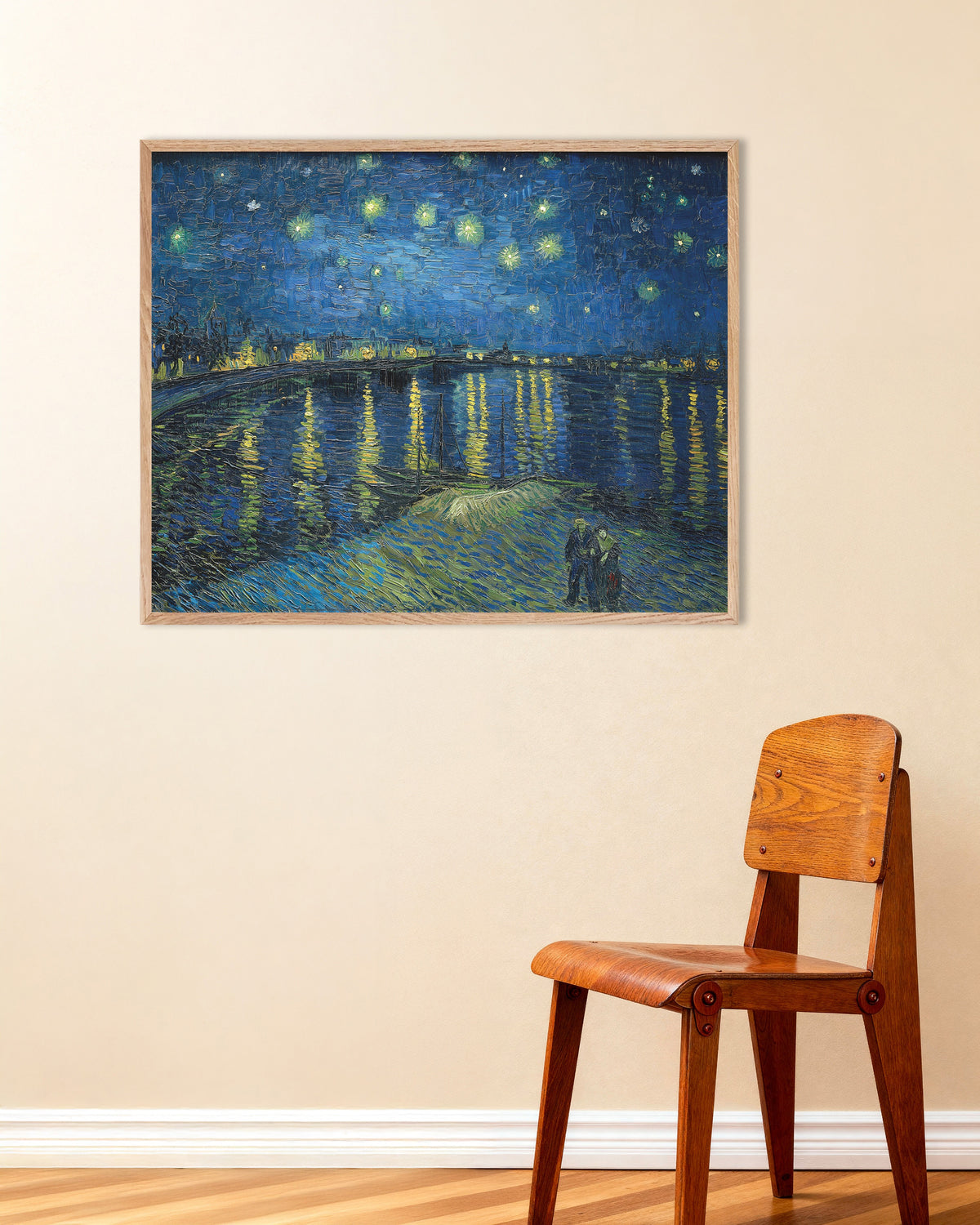 Poster af Stjernenat over Rhône (1888) af Vincent van Gogh, med ramme af naturtræ