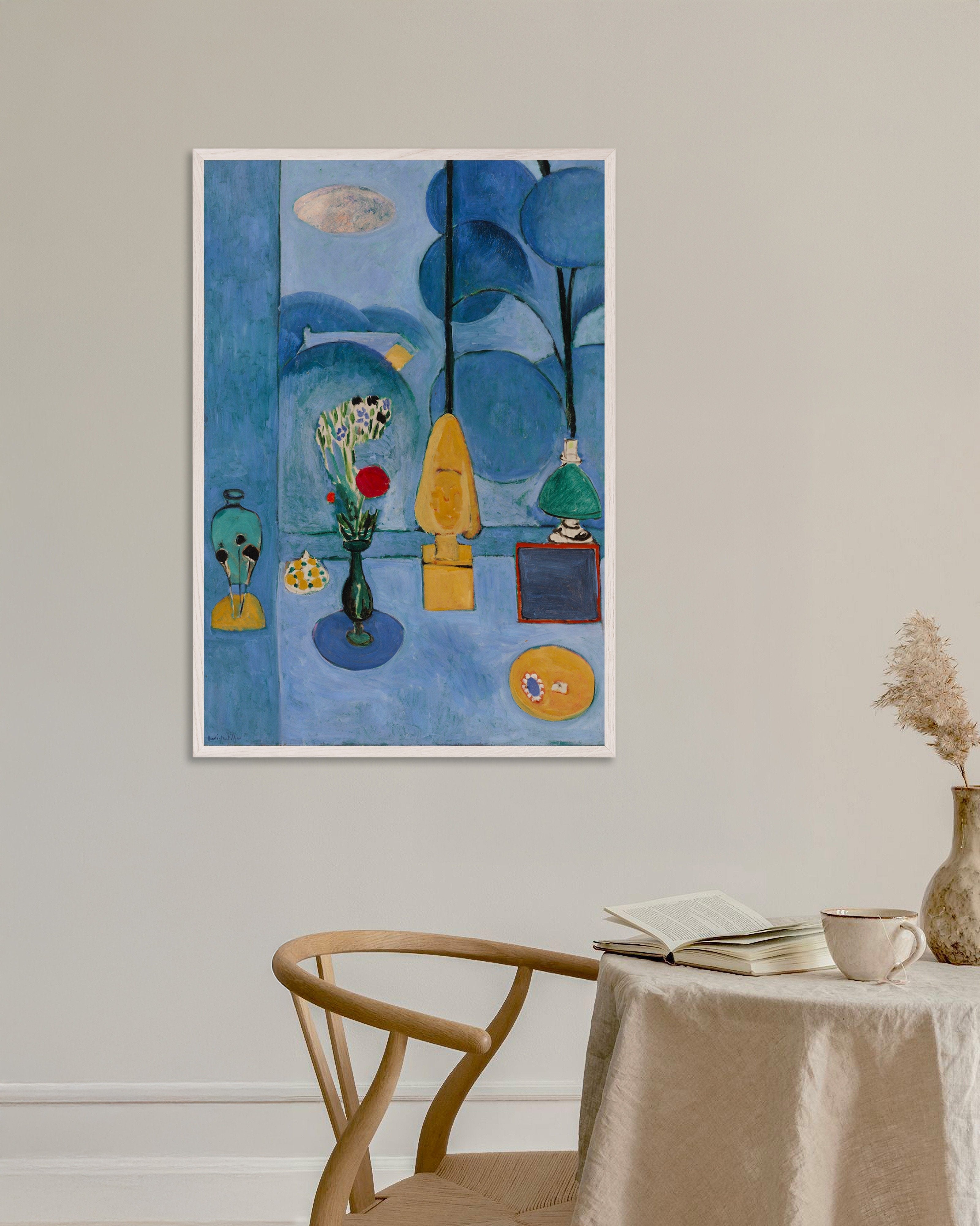 Poster of Still life with geraniums (1910) by Henri Matisse, with white wooden frame