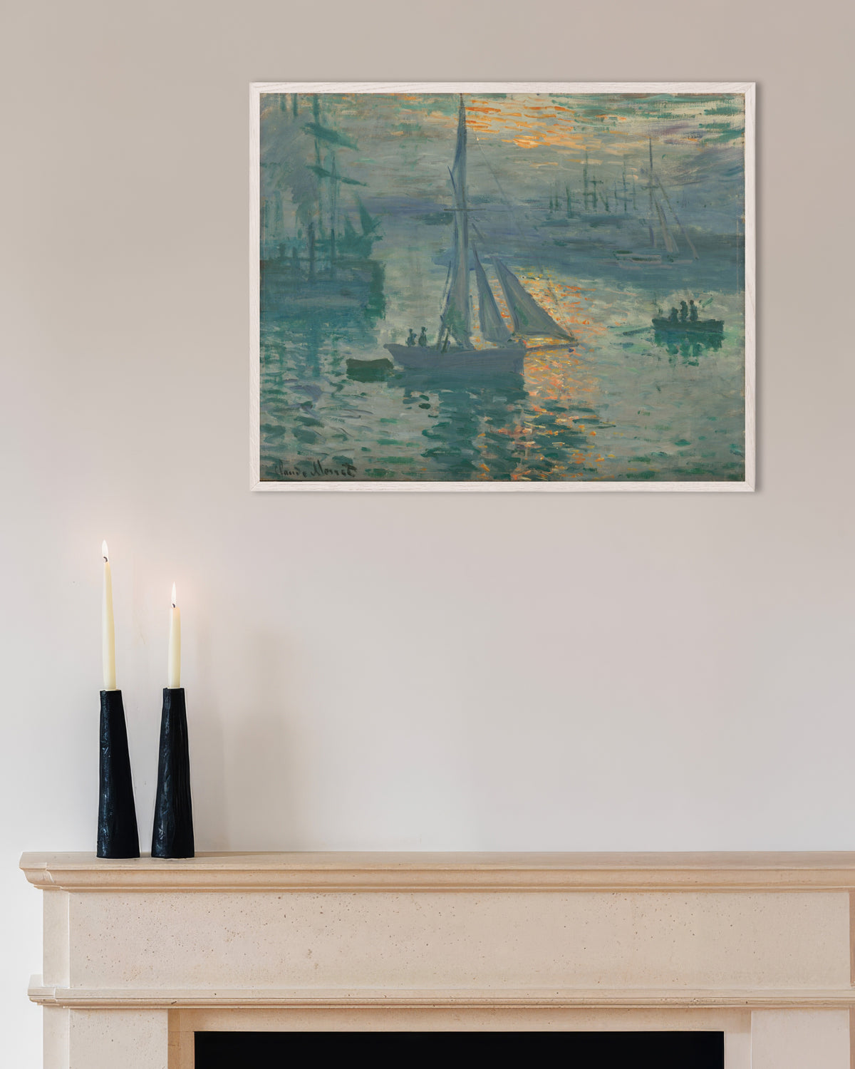 Plakat Solopgang, marinebillede (1873) af Claude Monet med hvid træramme