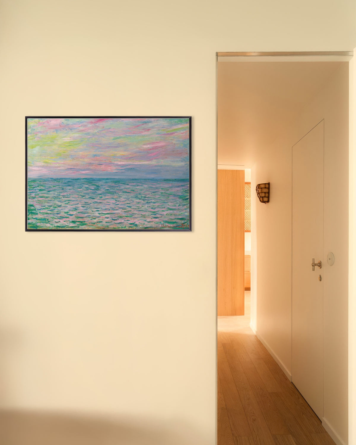 Plakat Solnedgang ved Pourville, åbent hav (1882) af Claude Monet med metalramme