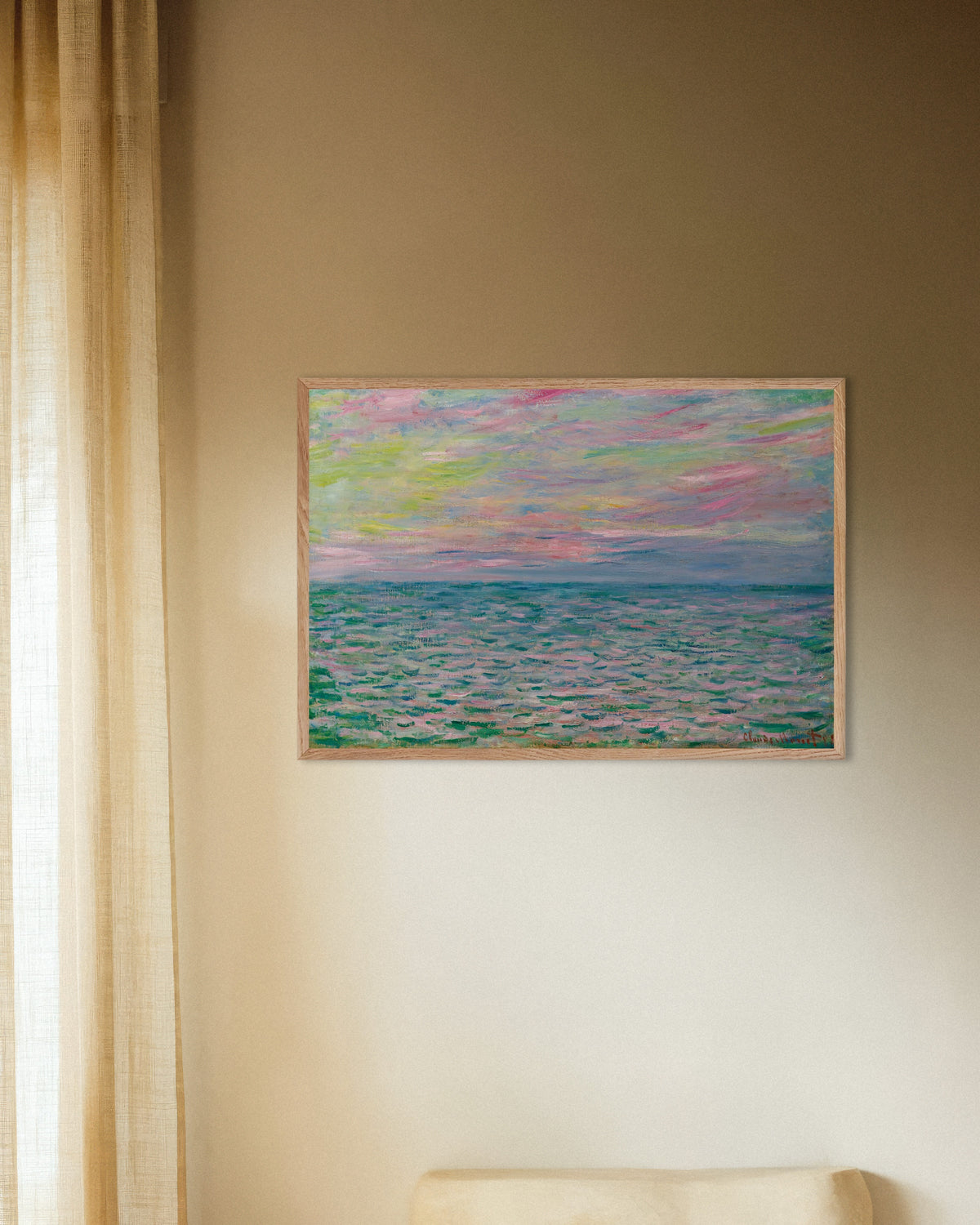 Plakat Solnedgang ved Pourville, åbent hav (1882) af Claude Monet med ramme i naturtræ