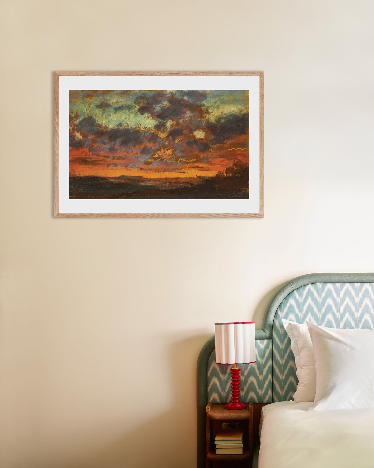 Plakat Solnedgang (ca. 1868) af Claude Monet med ramme i naturtræ