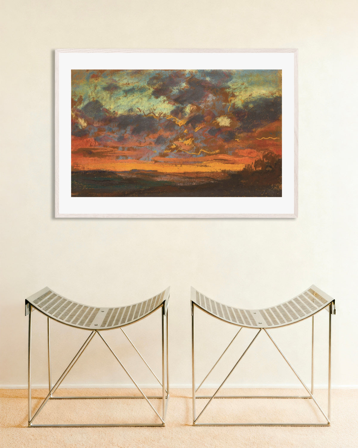 Plakat Solnedgang (ca. 1868) af Claude Monet med hvid træramme
