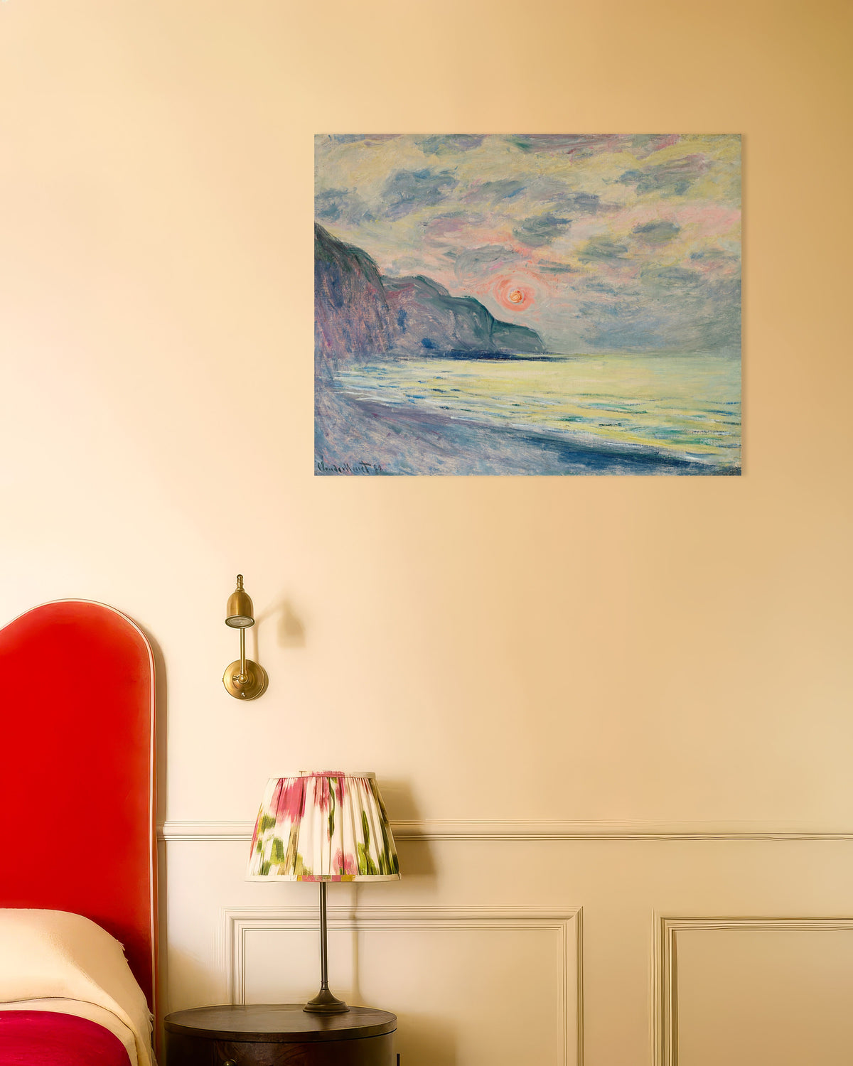 Plakat Solnedgang i diset vejr, Pourville (1882) af Claude Monet