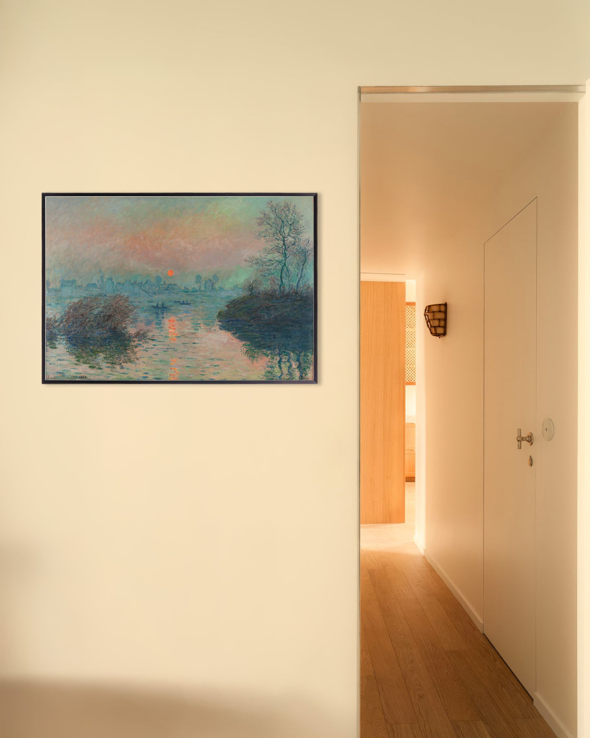 Plakat Solnedgang over Seinen ved Lavacourt, vinter (1880) af Claude Monet med metalramme