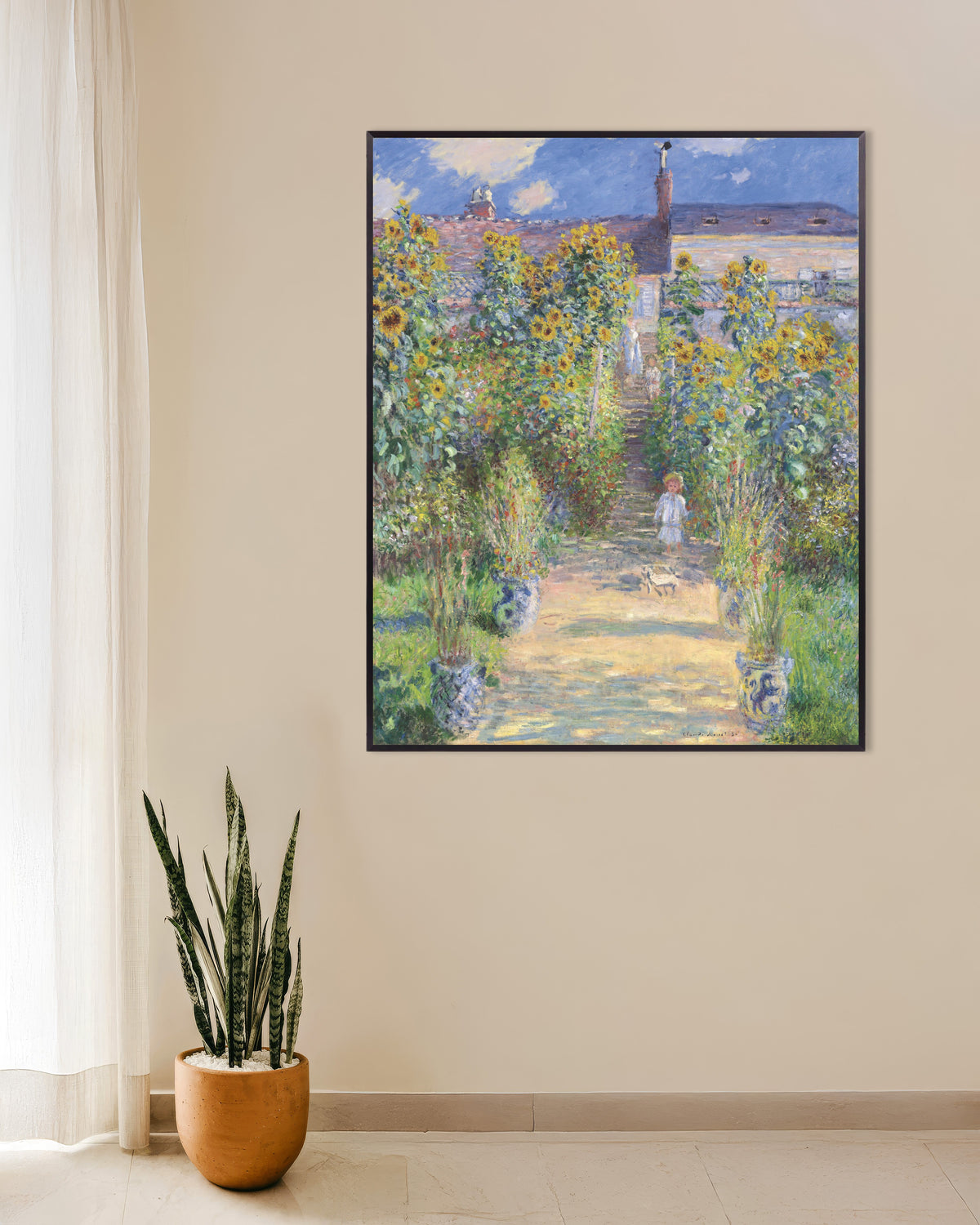 Plakat Kunstnerens have i Vétheuil (1881) af Claude Monet med metalramme