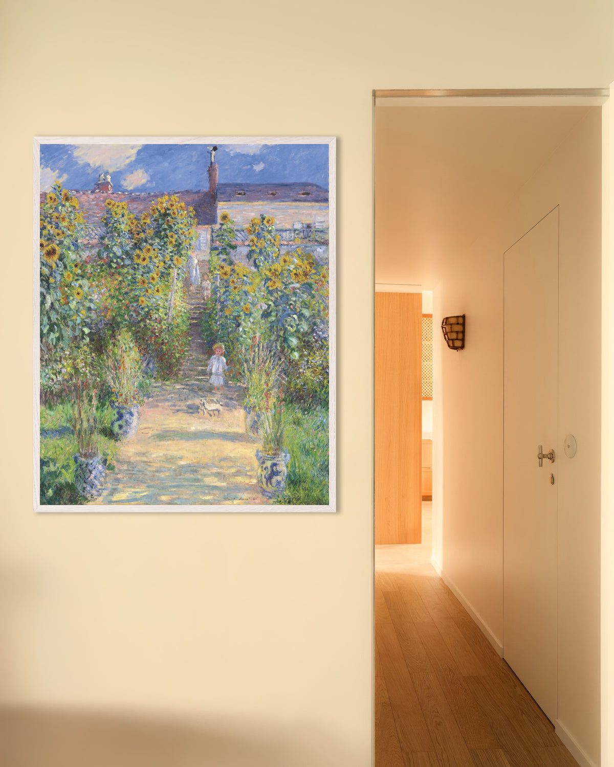 Plakat Kunstnerens have i Vétheuil (1881) af Claude Monet med hvid træramme