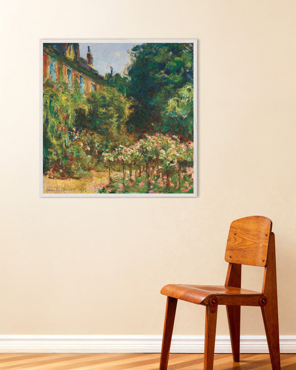 Plakat Kunstnerens hus i Giverny (1912) af Claude Monet med hvid træramme