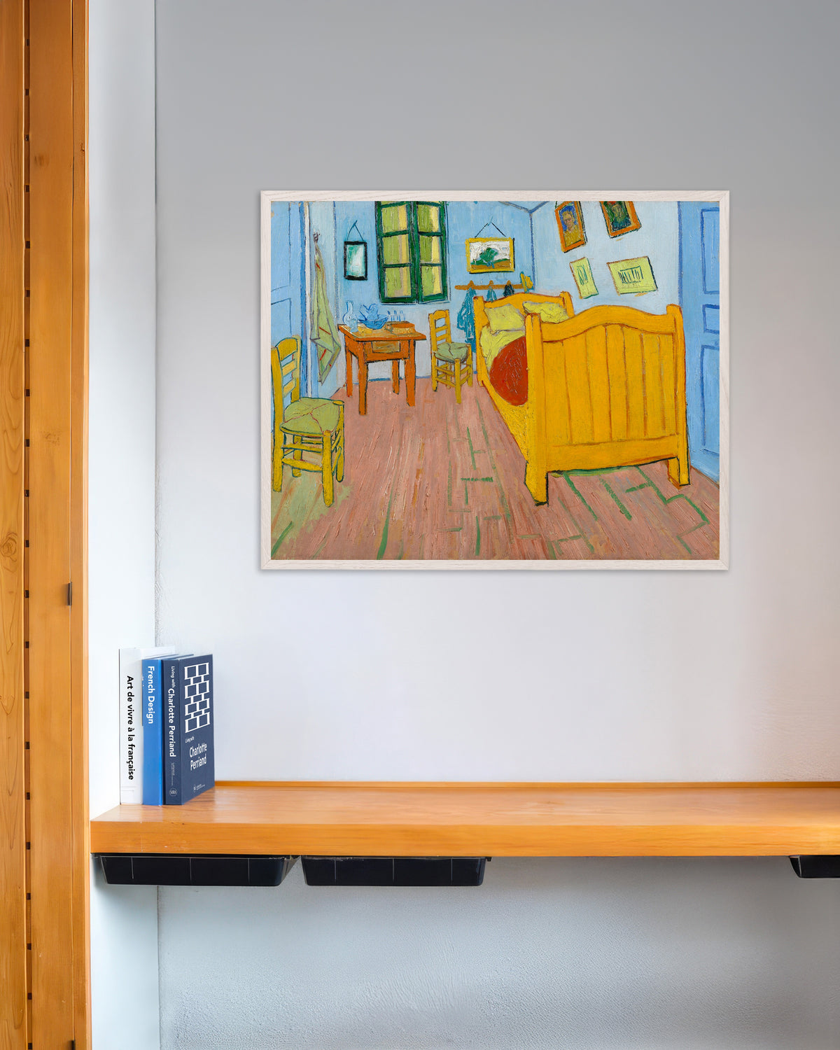 Poster med Soveværelset (1888) af Vincent van Gogh, med hvid træramme