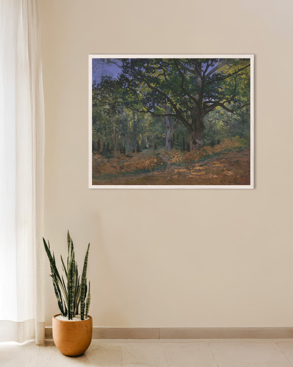 Plakat Bodmer-egen, Fontainebleau-skoven (1865) af Claude Monet med hvid træramme