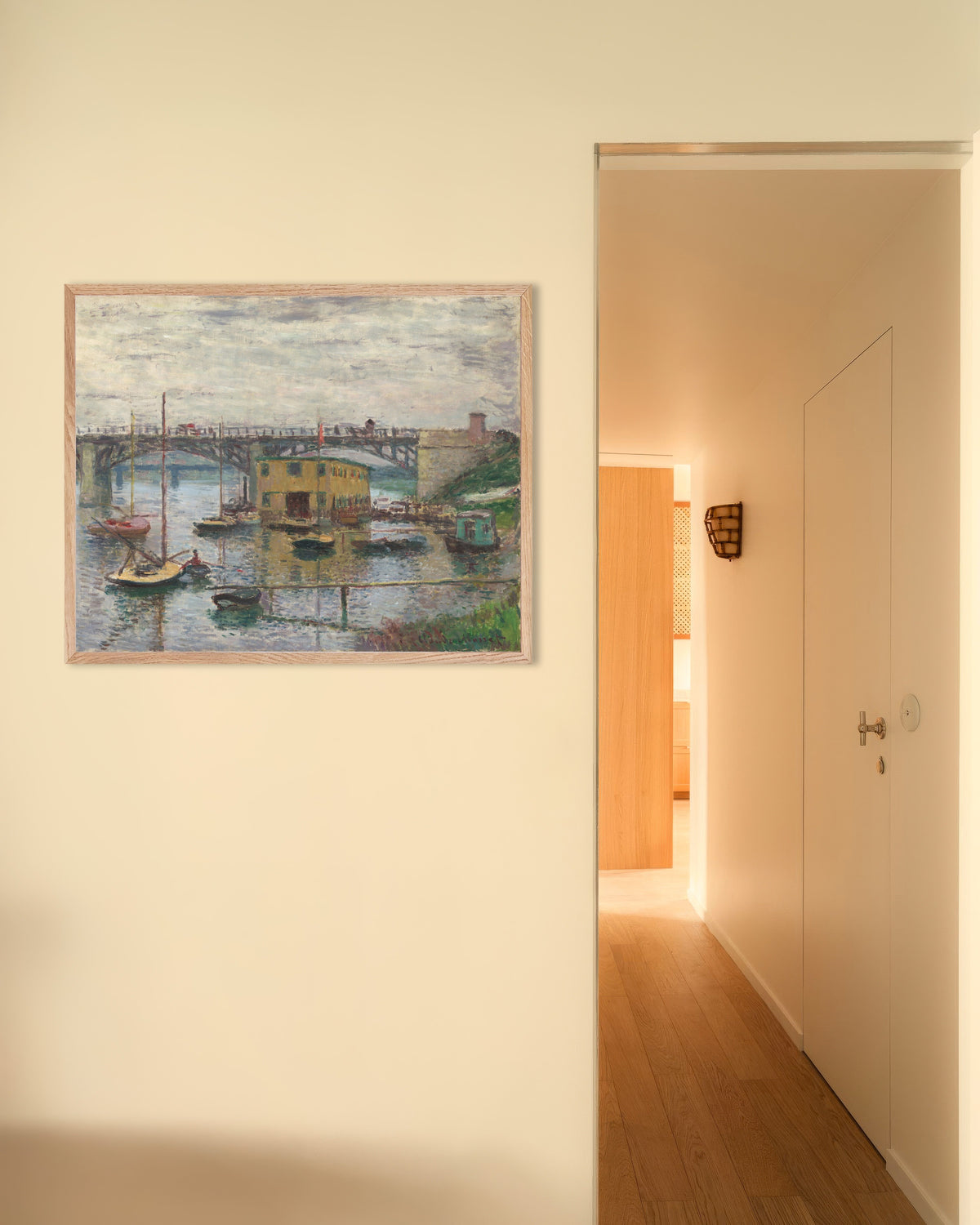 Plakat Broen ved Argenteuil på en grå dag (ca. 1876) af Claude Monet med ramme i naturtræ