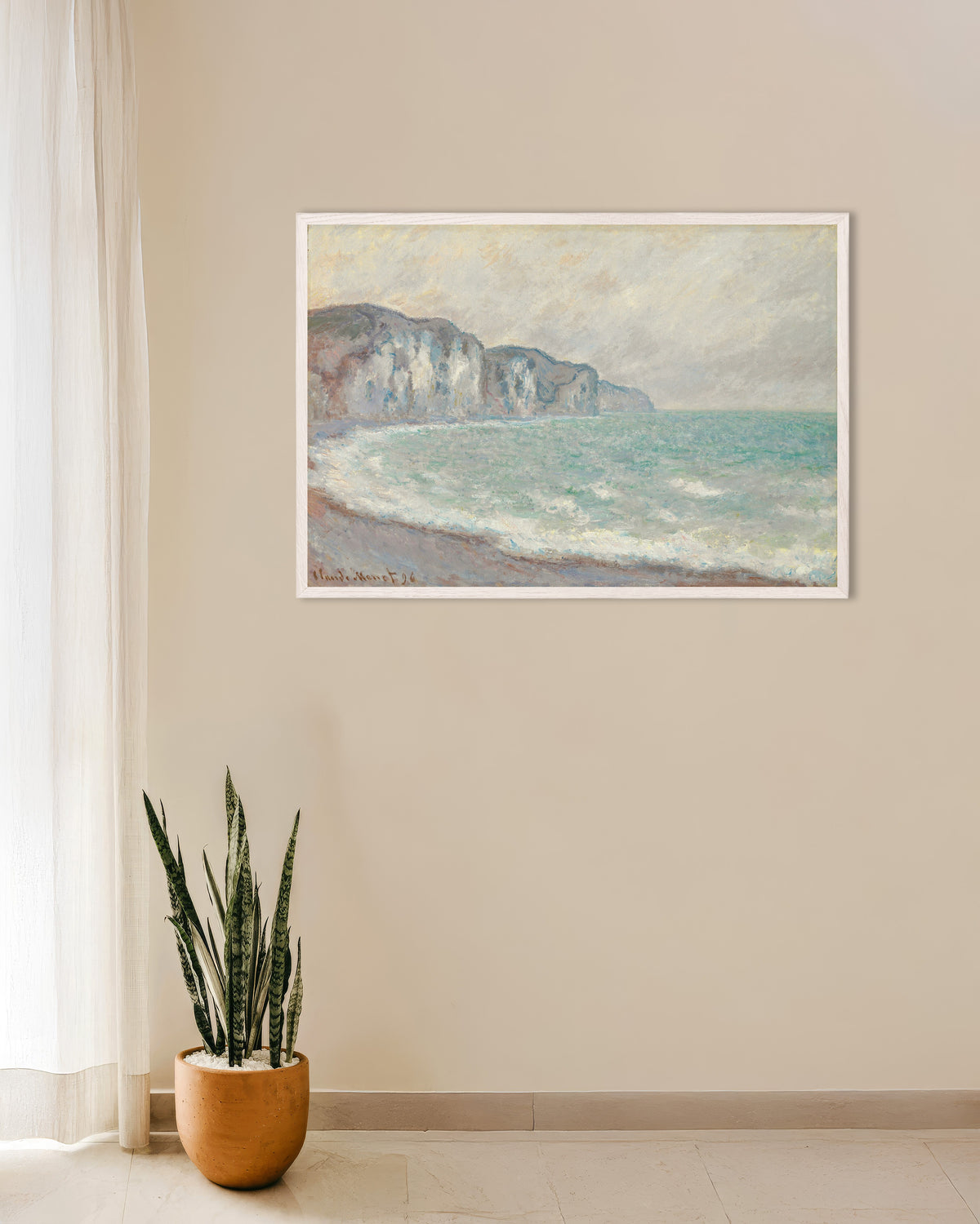 Plakat Klippen ved Pourville (1896) af Claude Monet med hvid træramme