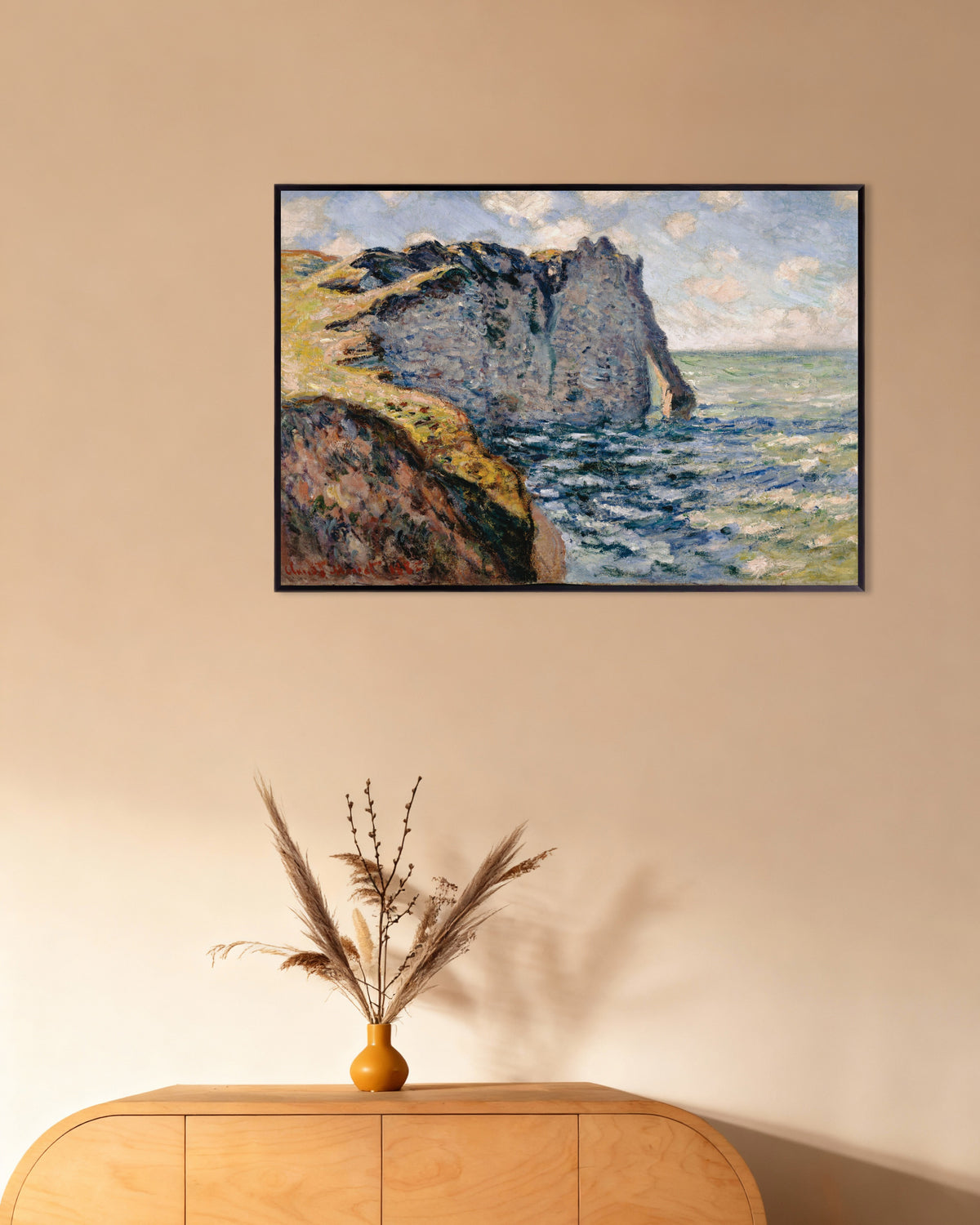 Plakat Falaise d'Aval, Étretat (1885) af Claude Monet med metalramme