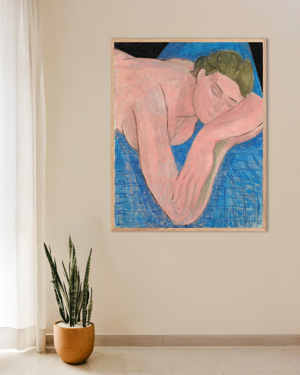 Poster af Drømmen (1935) af Henri Matisse, poster med ramme af naturtræ